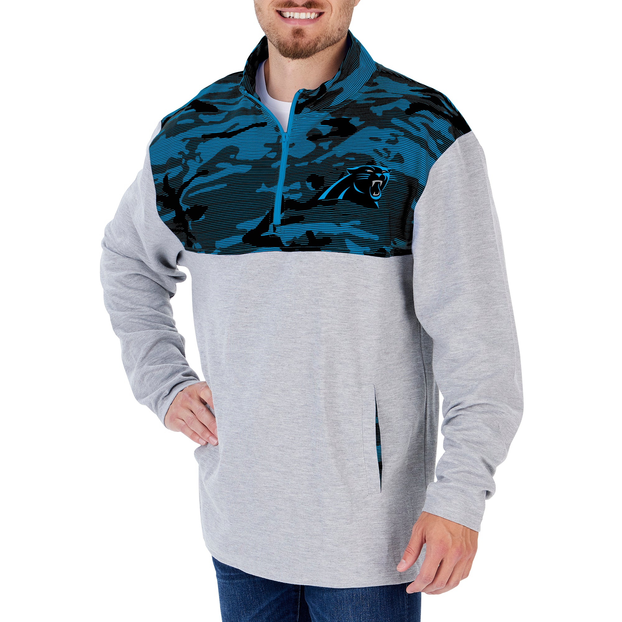 ZUBAZ Men's NFL Carolina  Panthers Gray 1/4 Zip Fleece Pullover With Camo Lines Size SMALL - Image 4