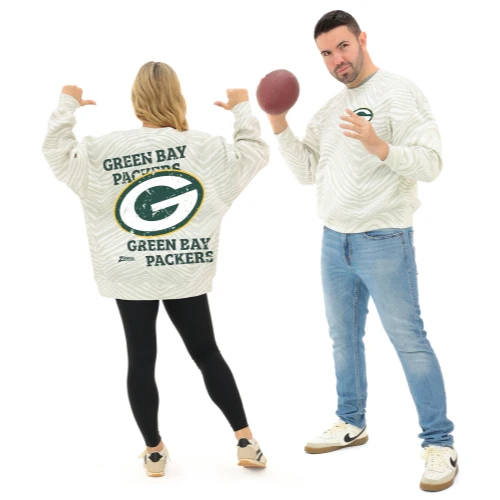 Zubaz NFL 90's All Over Zebra Crewneck Sweatshirt – Full Back, GREEN BAY PACKERS