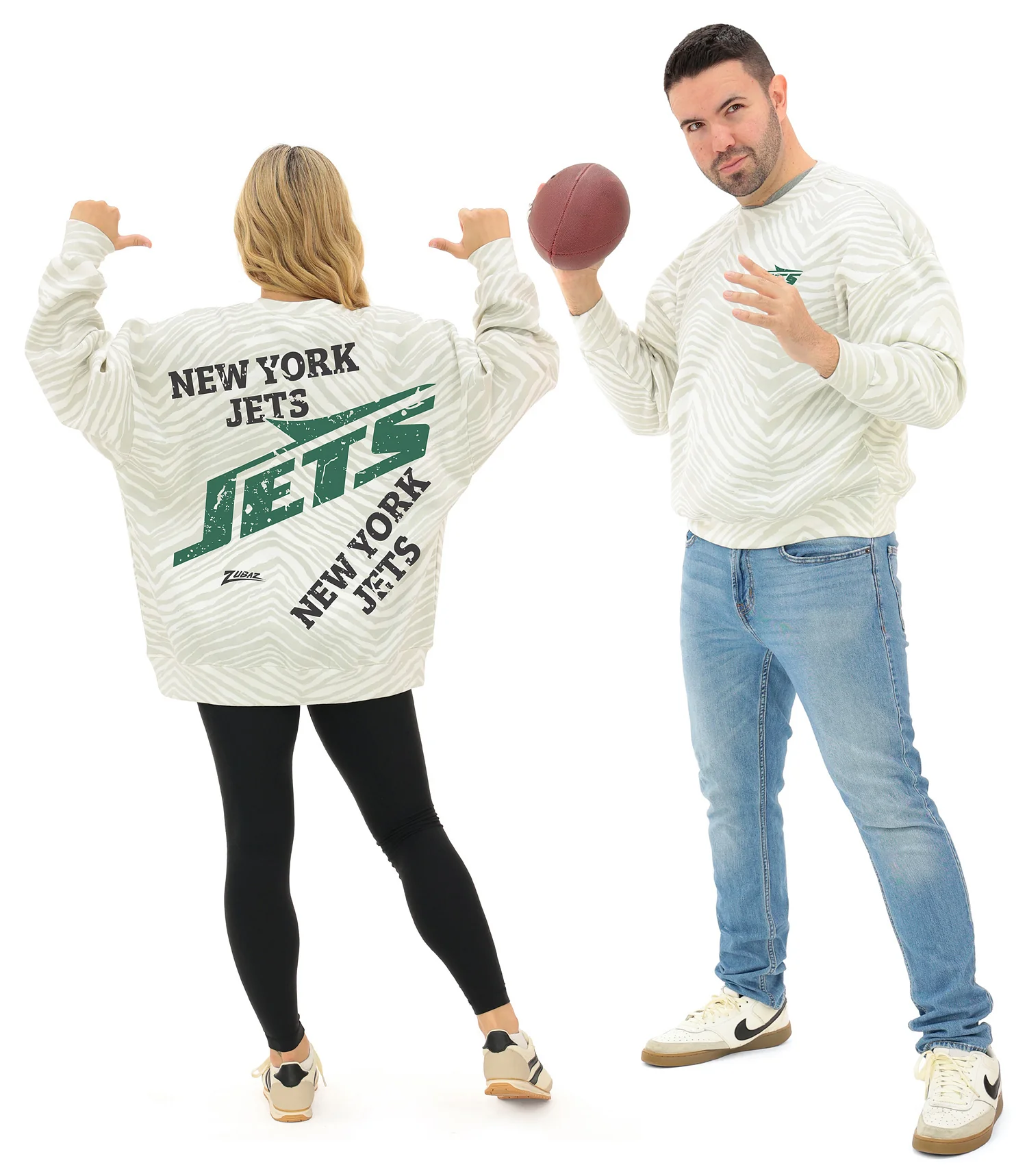 Zubaz NFL 90's All Over Zebra Crewneck Sweatshirt – Full Back, NEW YORK JETS