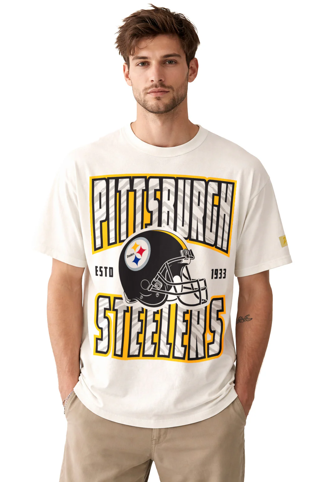 Zubaz NFL 90s SS Tee- Helmet-Off White, PITTSBURGH STEELERS