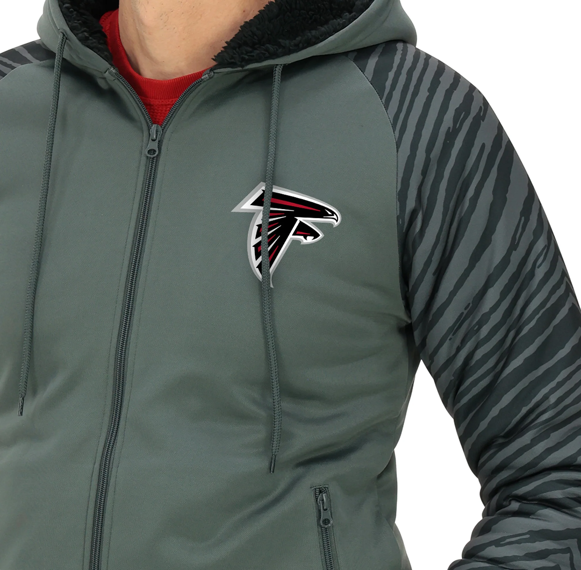 Zubaz NFL Men's Charcoal Tonal Zebra Sherpa Lined Raglan Full Zip Hoodie, ATLANTA FALCONS - Image 38