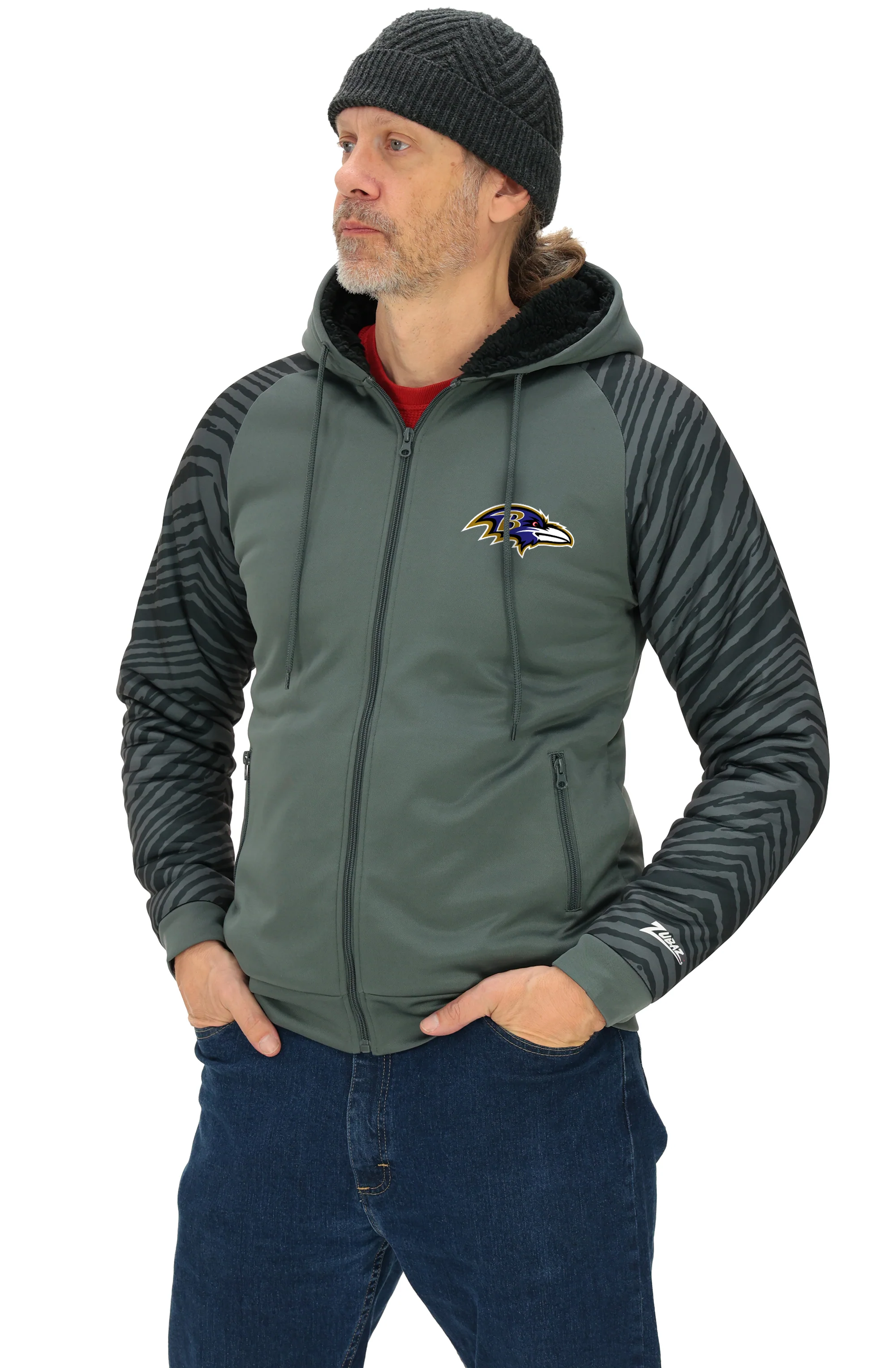 Zubaz NFL Men's Charcoal Tonal Zebra Sherpa Lined Raglan Full Zip Hoodie, BALTIMORE RAVENS - Image 2