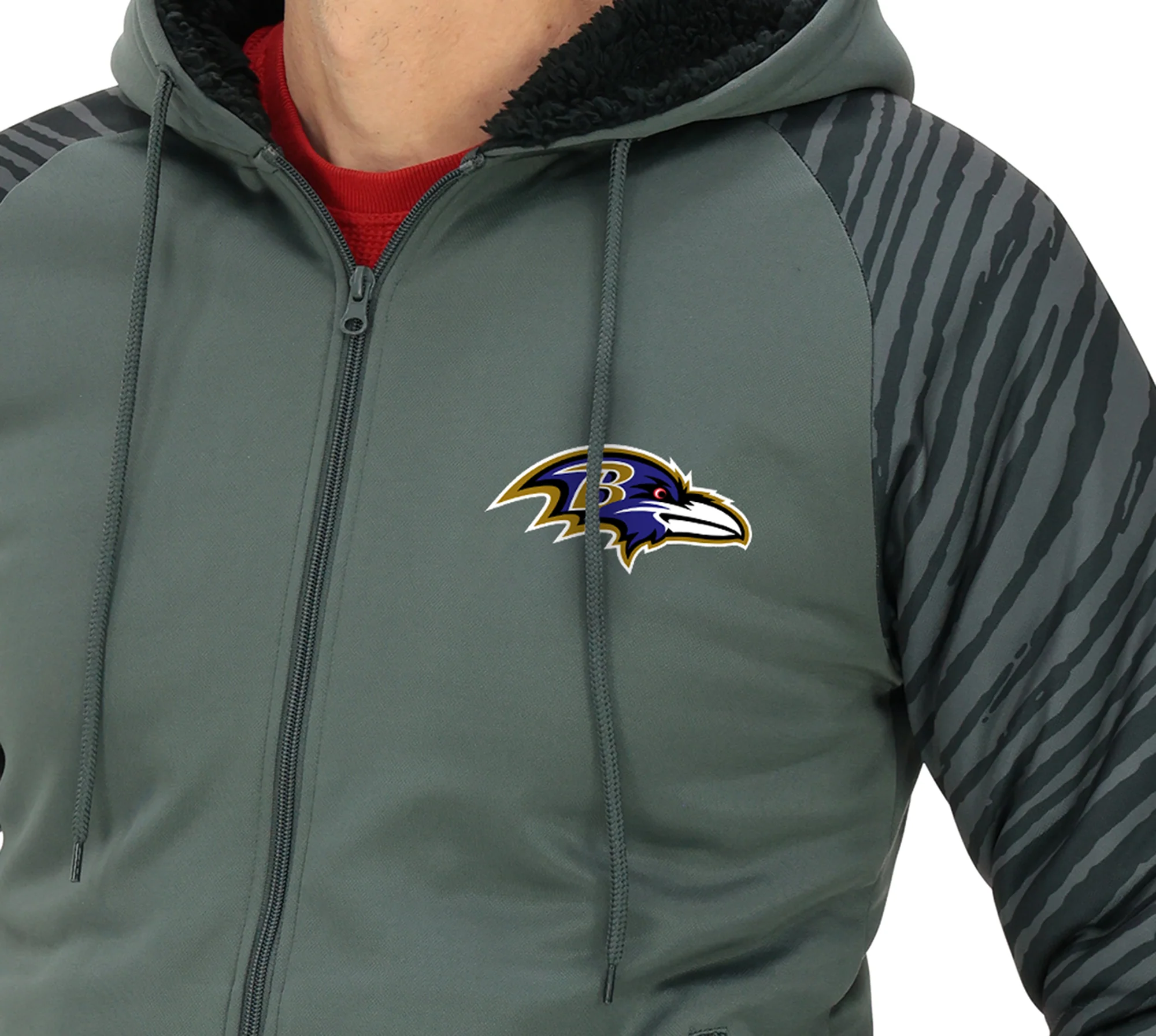 Zubaz NFL Men's Charcoal Tonal Zebra Sherpa Lined Raglan Full Zip Hoodie, BALTIMORE RAVENS - Image 3