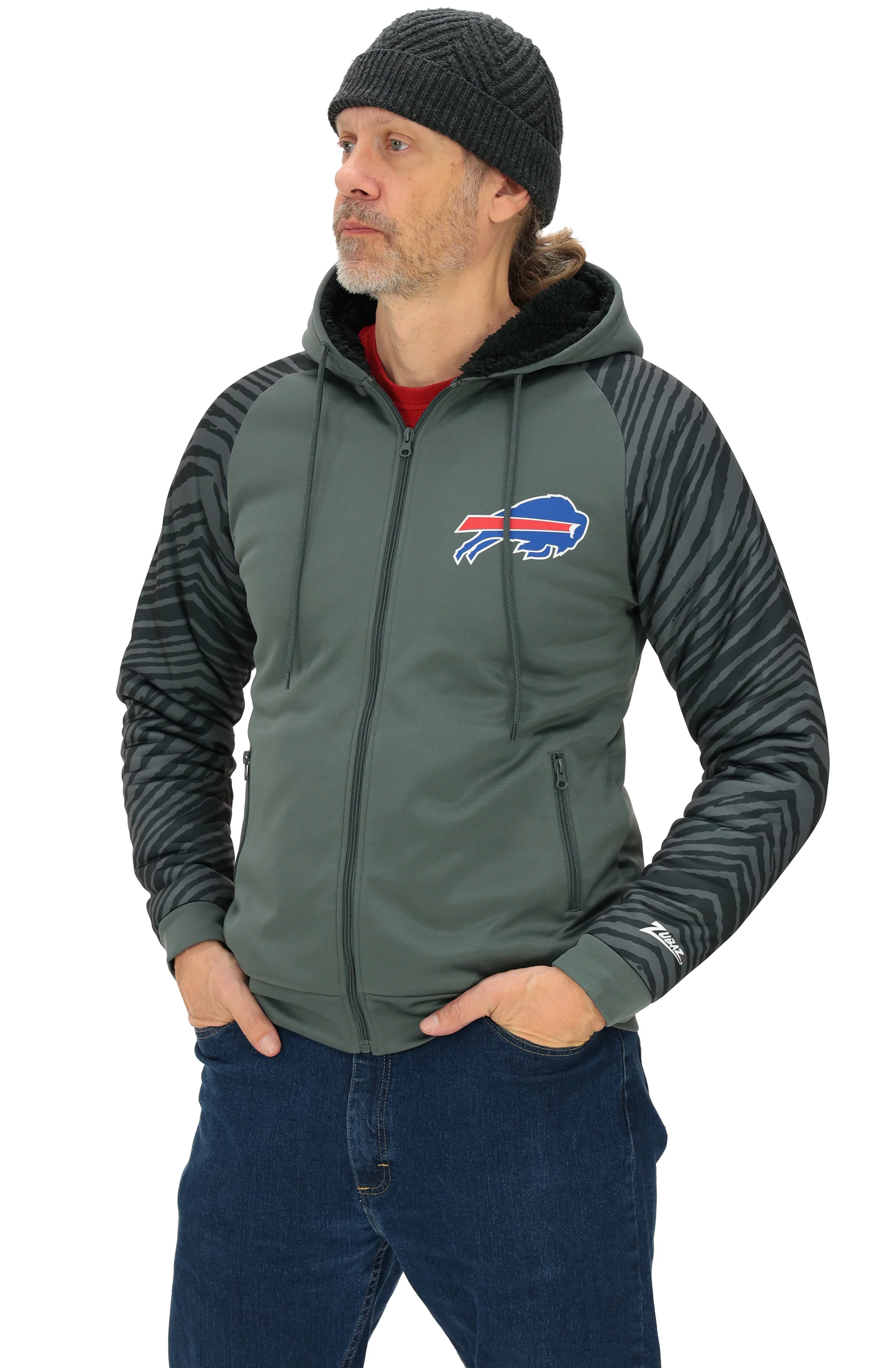 Zubaz NFL Men's Charcoal Tonal Zebra Sherpa Lined Raglan Full Zip Hoodie, BUFFALO BILLS - Image 49
