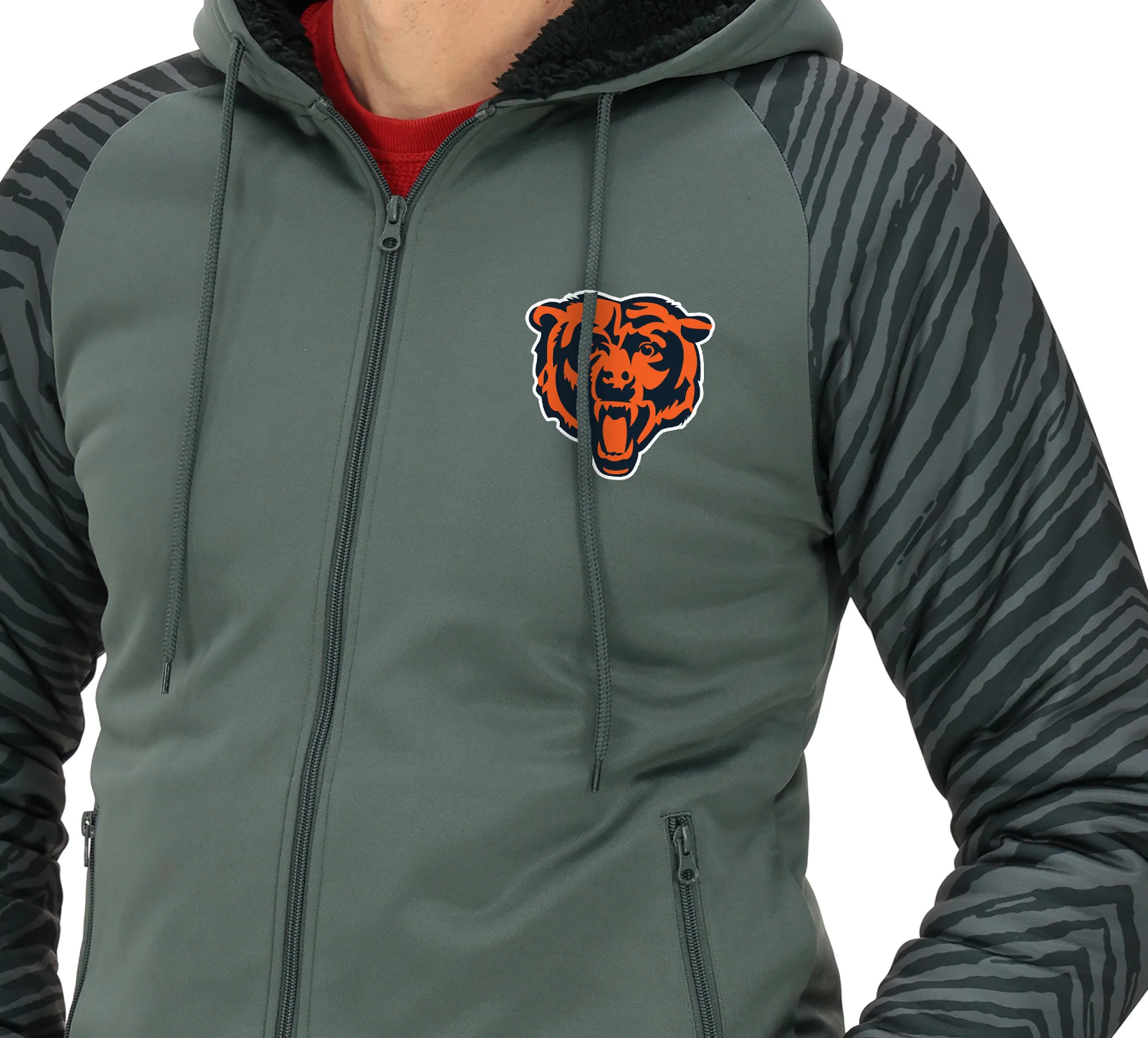 Zubaz NFL Men's Charcoal Tonal Zebra Sherpa Lined Raglan Full Zip Hoodie, CHICAGO BEARS - Image 38