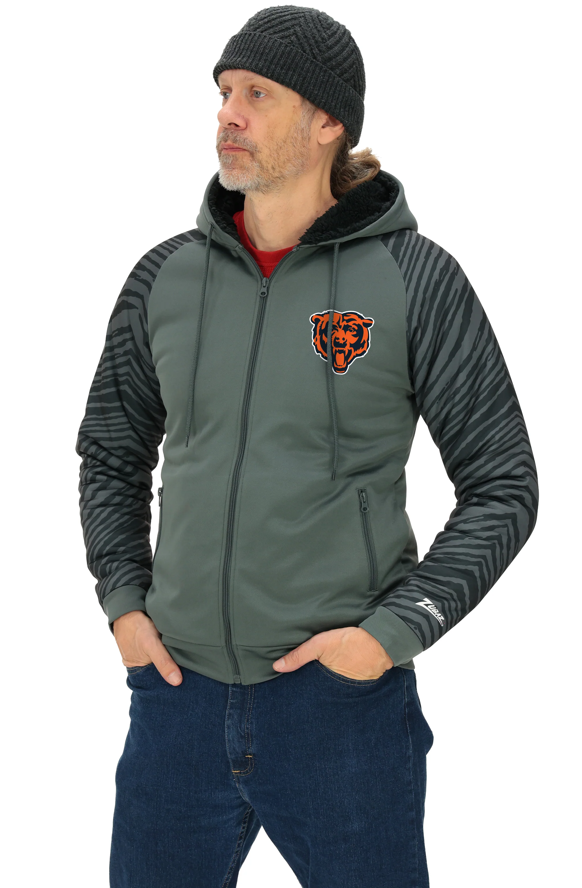 Zubaz NFL Men's Charcoal Tonal Zebra Sherpa Lined Raglan Full Zip Hoodie, CHICAGO BEARS - Image 55