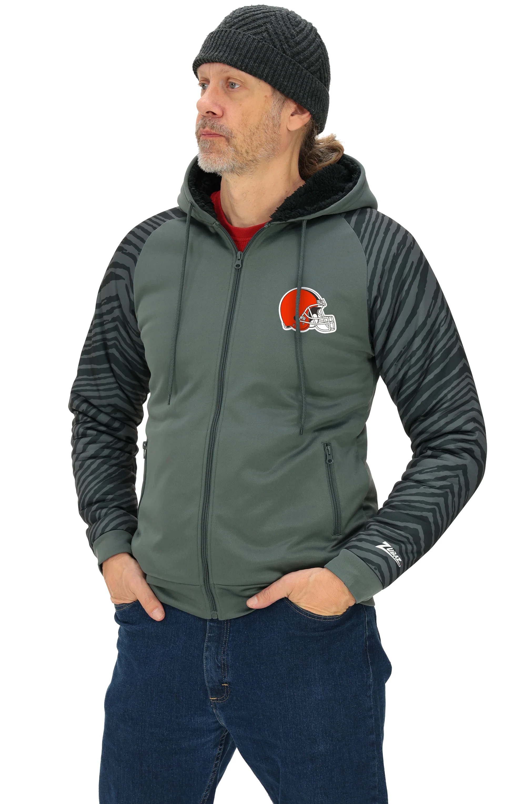Zubaz NFL Men's Charcoal Tonal Zebra Sherpa Lined Raglan Full Zip Hoodie, CLEVELAND BROWNS - Image 2
