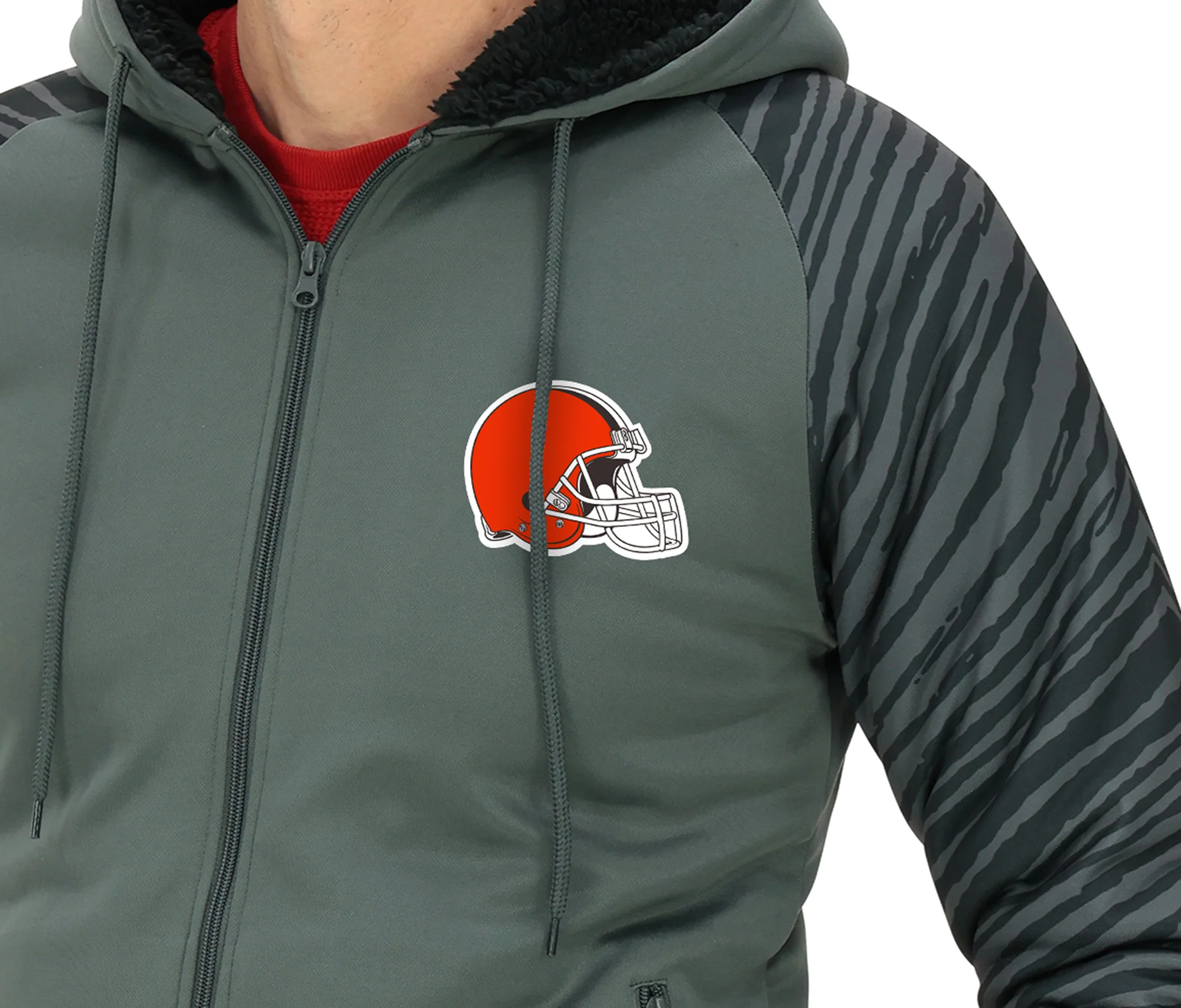 Zubaz NFL Men's Charcoal Tonal Zebra Sherpa Lined Raglan Full Zip Hoodie, CLEVELAND BROWNS - Image 32