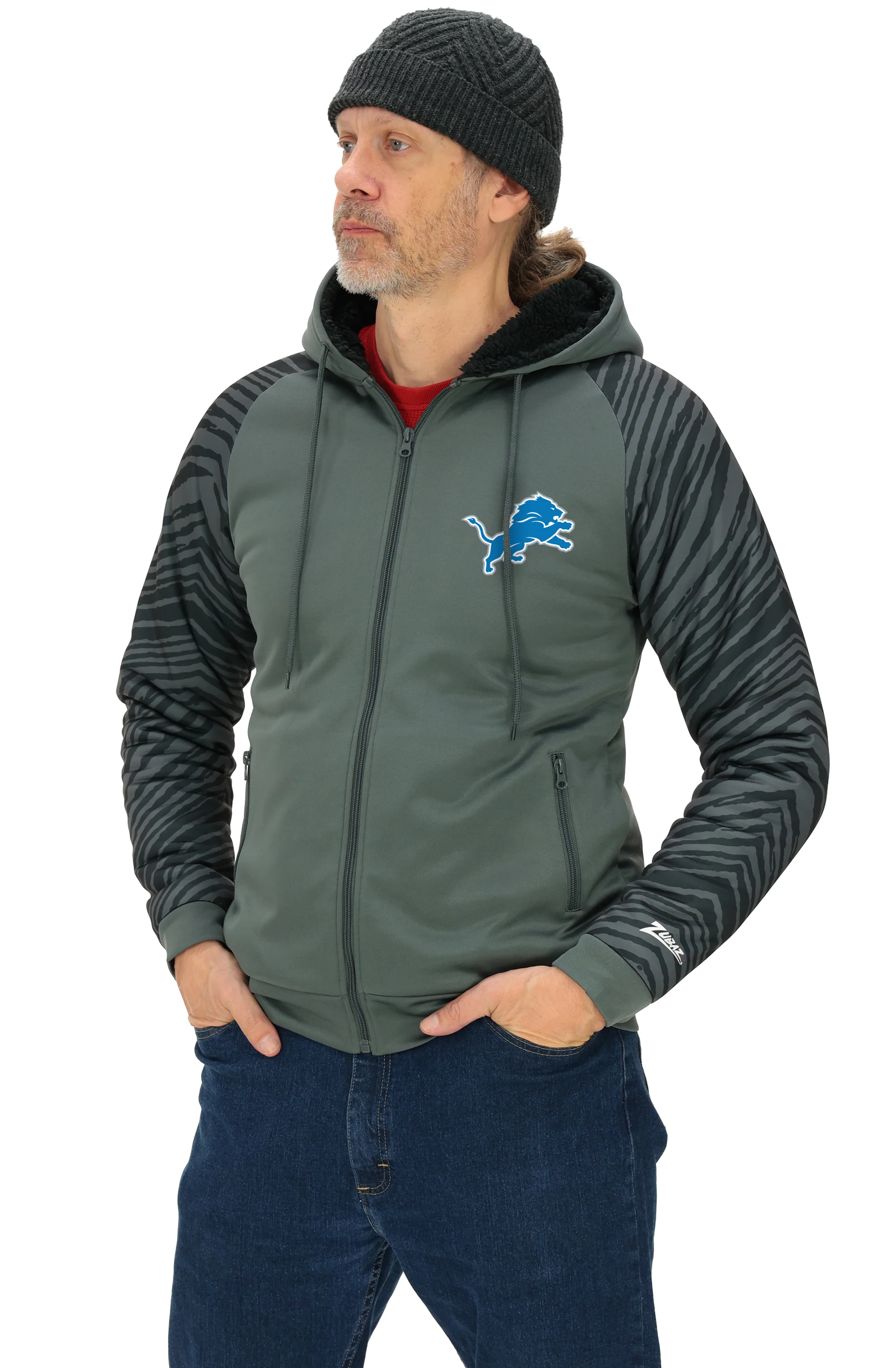Zubaz NFL Men's Charcoal Tonal Zebra Sherpa Lined Raglan Full Zip Hoodie, DETROIT LIONS - Image 37