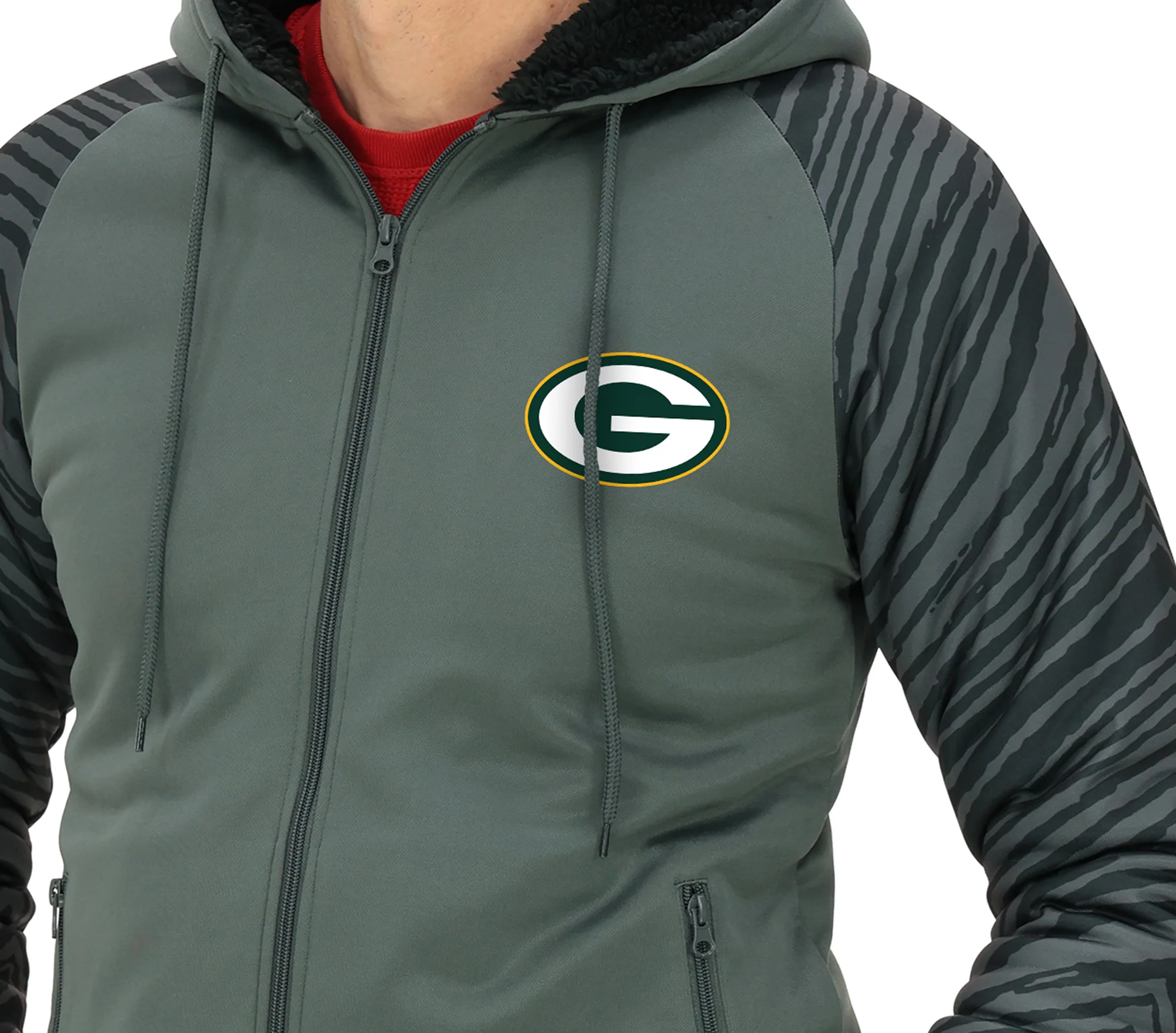 Zubaz NFL Men's Charcoal Tonal Zebra Sherpa Lined Raglan Full Zip Hoodie, GREEN BAY PACKERS - Image 3
