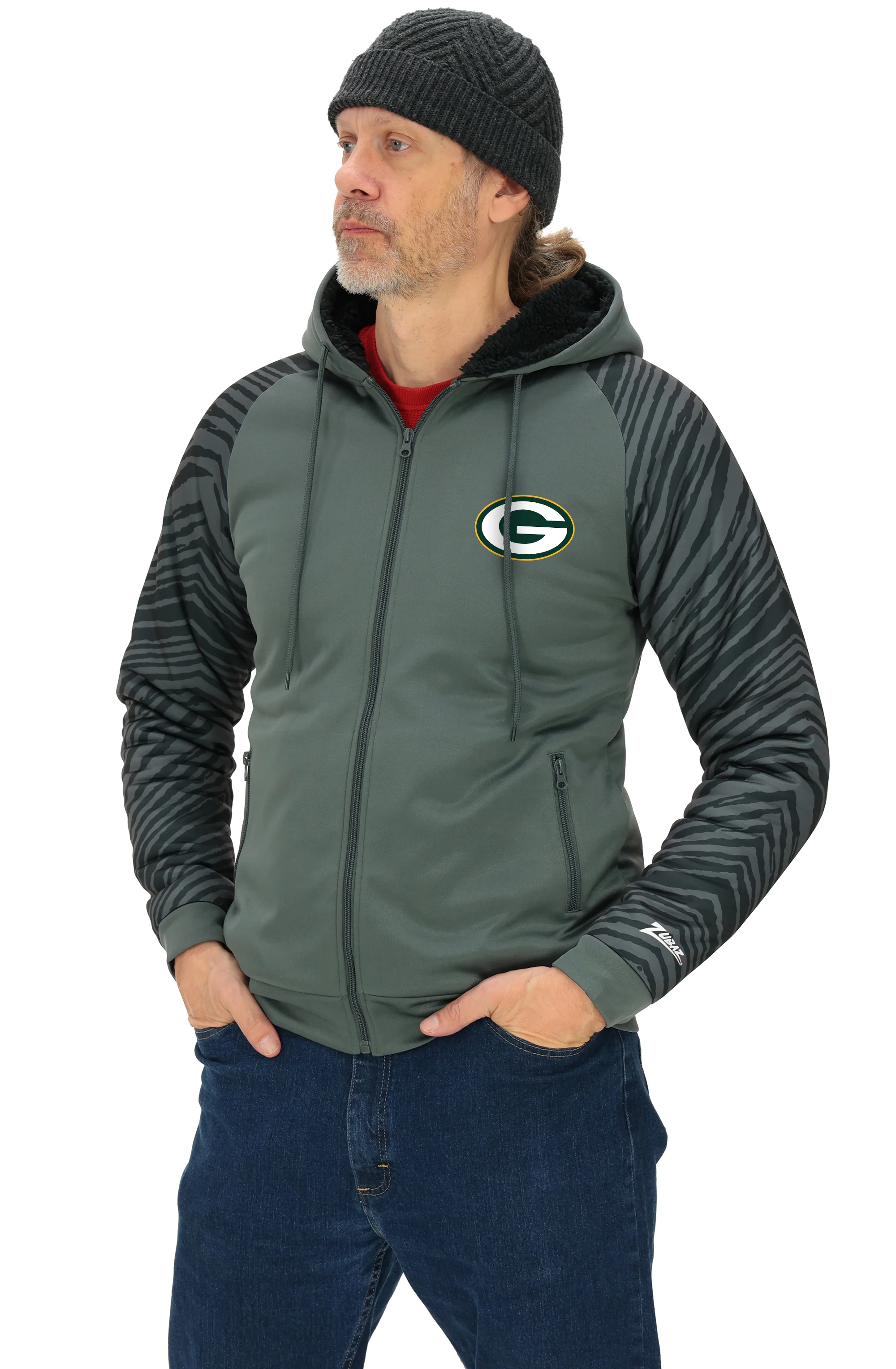 Zubaz NFL Men's Charcoal Tonal Zebra Sherpa Lined Raglan Full Zip Hoodie, GREEN BAY PACKERS - Image 55