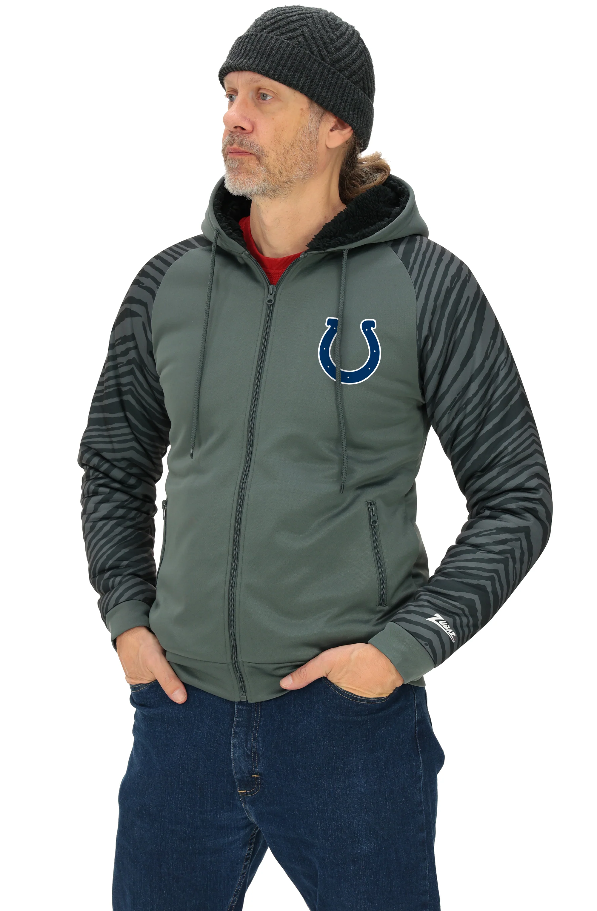Zubaz NFL Men's Charcoal Tonal Zebra Sherpa Lined Raglan Full Zip Hoodie, INDIANAPOLIS COLTS - Image 37