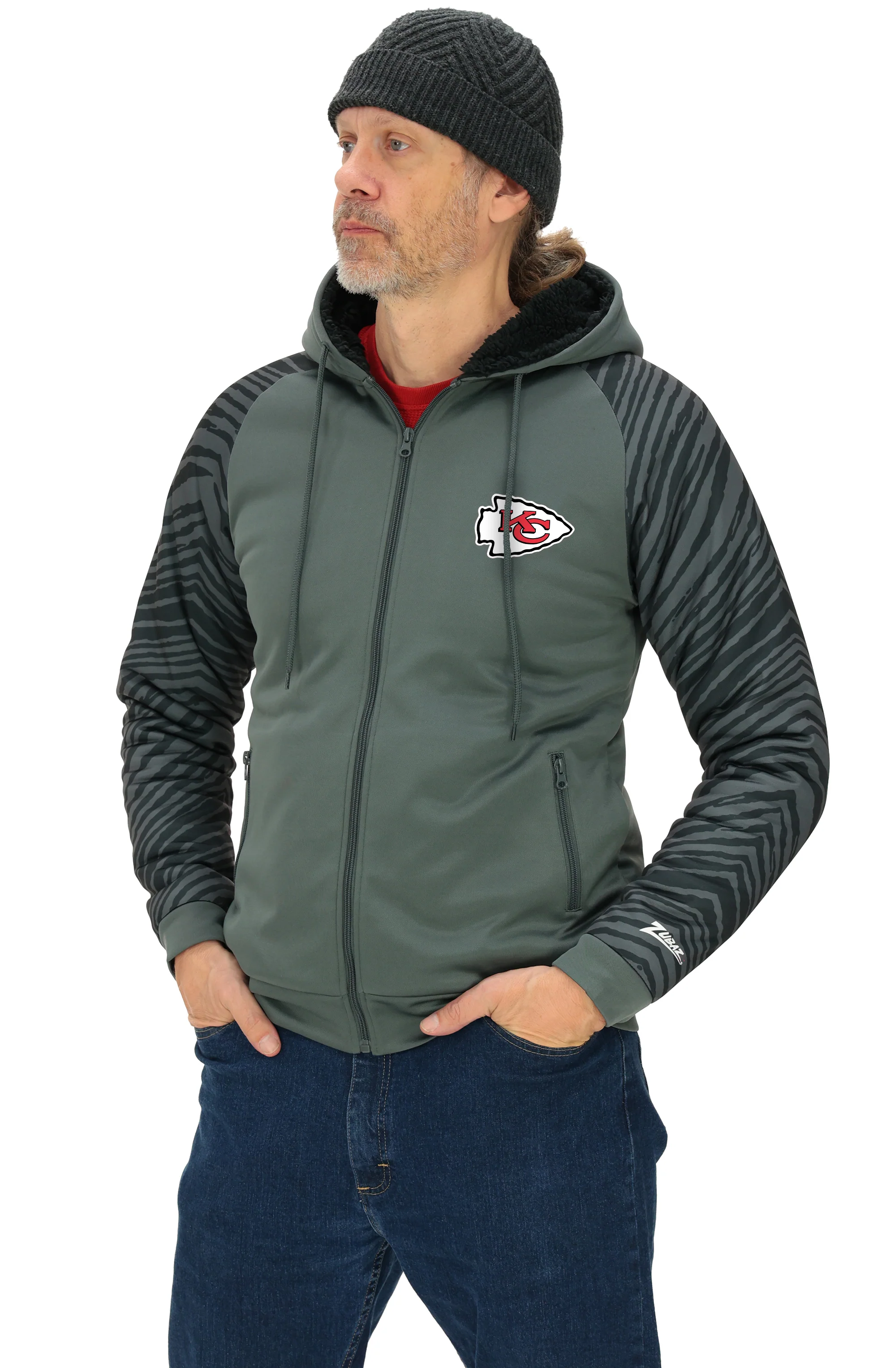 Zubaz NFL Men's Charcoal Tonal Zebra Sherpa Lined Raglan Full Zip Hoodie, KANSAS CITY CHIEFS - Image 25
