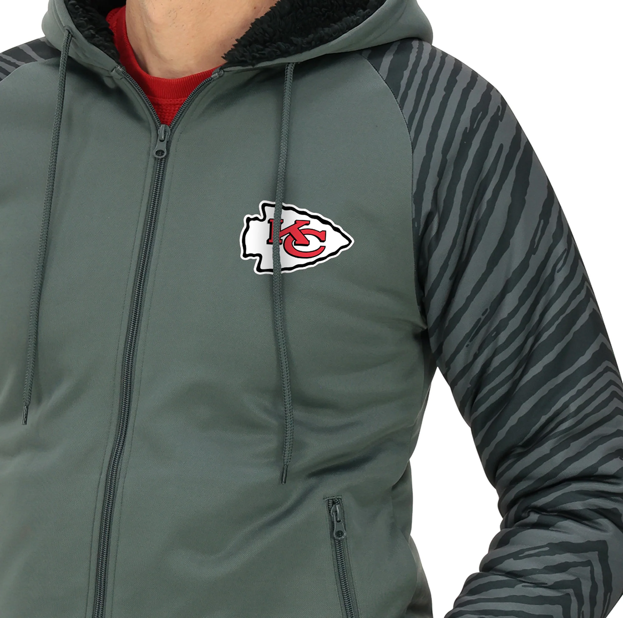Zubaz NFL Men's Charcoal Tonal Zebra Sherpa Lined Raglan Full Zip Hoodie, KANSAS CITY CHIEFS - Image 26