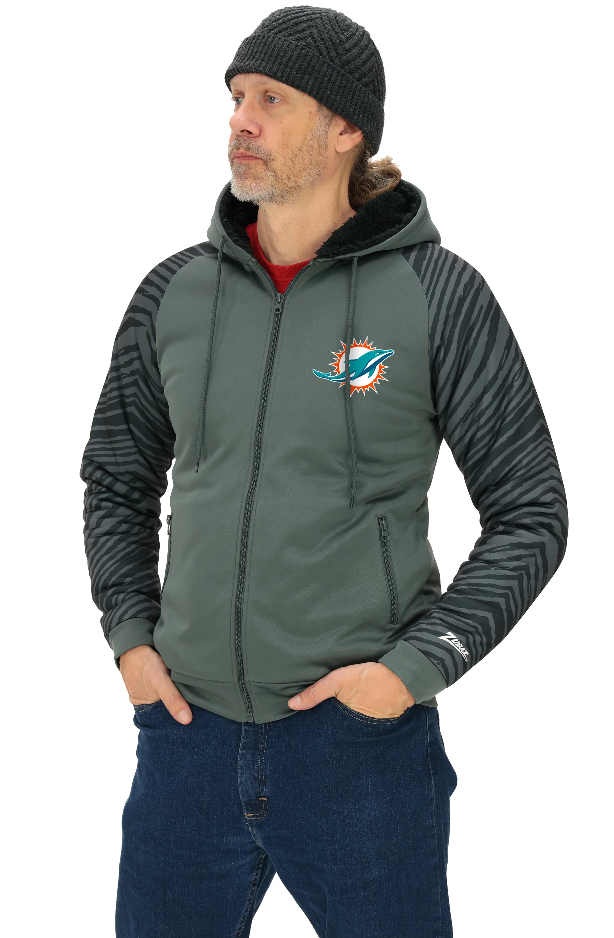 Zubaz NFL   Men's Charcoal Tonal Zebra Sherpa Lined Raglan Full Zip Hoodie, MIAMI DOLPHINS - Image 19