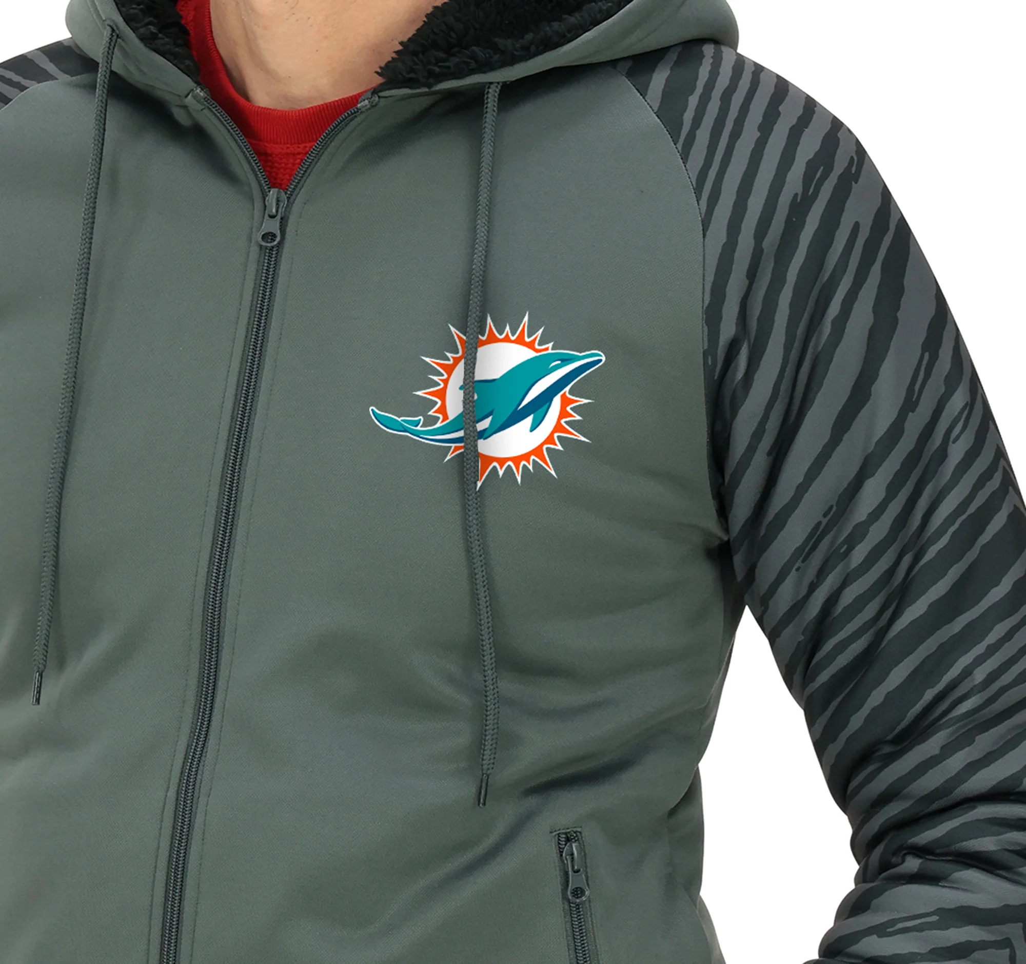 Zubaz NFL   Men's Charcoal Tonal Zebra Sherpa Lined Raglan Full Zip Hoodie, MIAMI DOLPHINS - Image 3