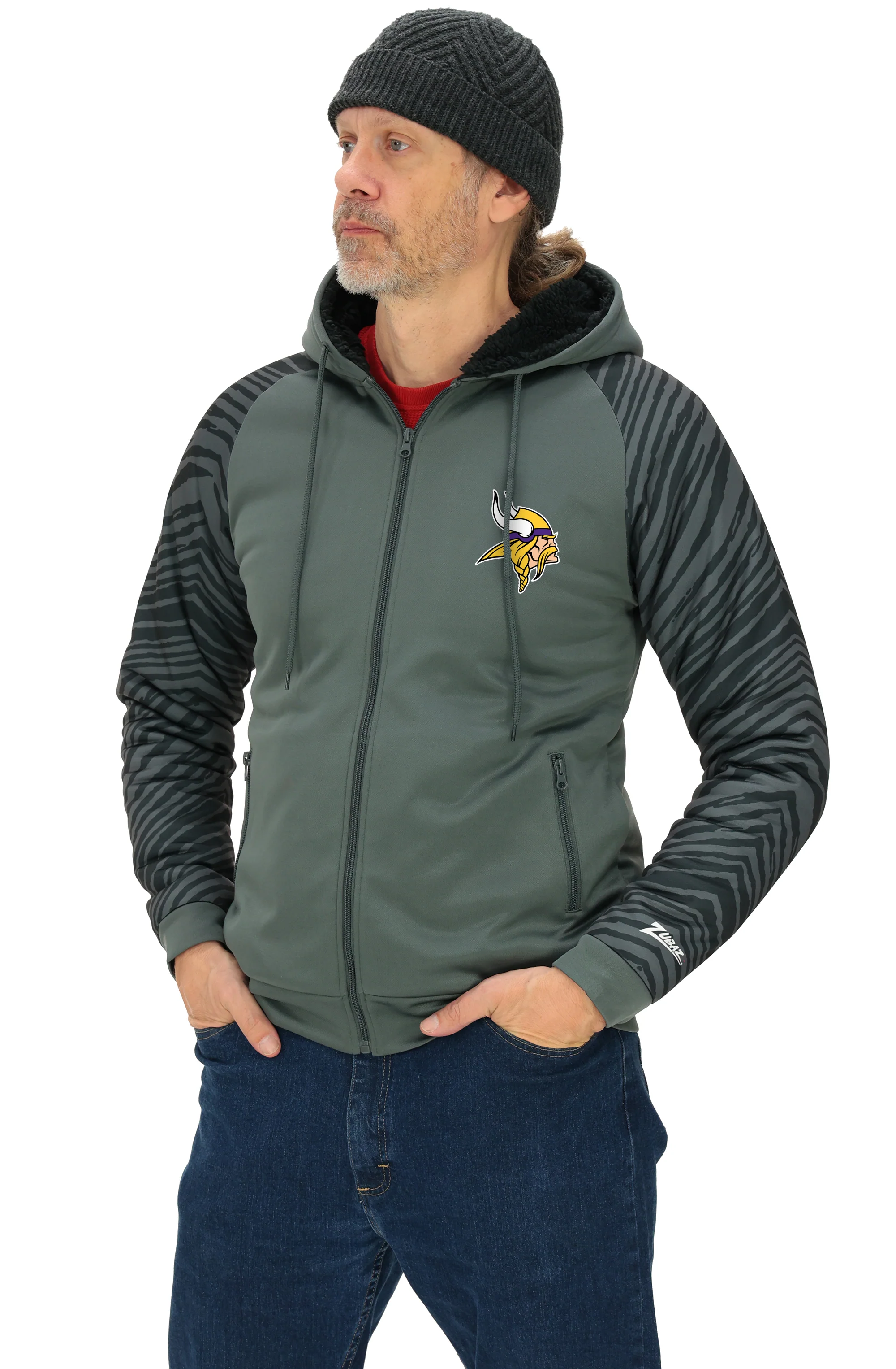 Zubaz NFL Men's Charcoal Tonal Zebra Sherpa Lined Raglan Full Zip Hoodie, MINNESOTA VIKINGS