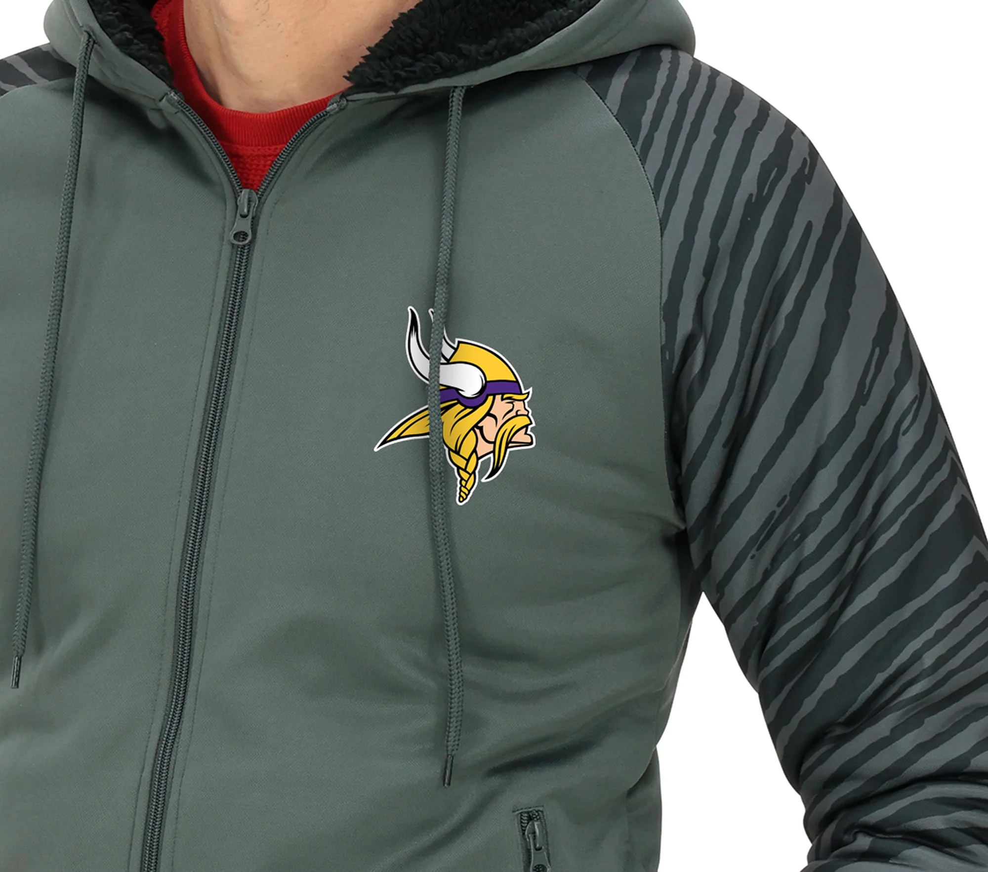 Zubaz NFL Men's Charcoal Tonal Zebra Sherpa Lined Raglan Full Zip Hoodie, MINNESOTA VIKINGS - Image 50
