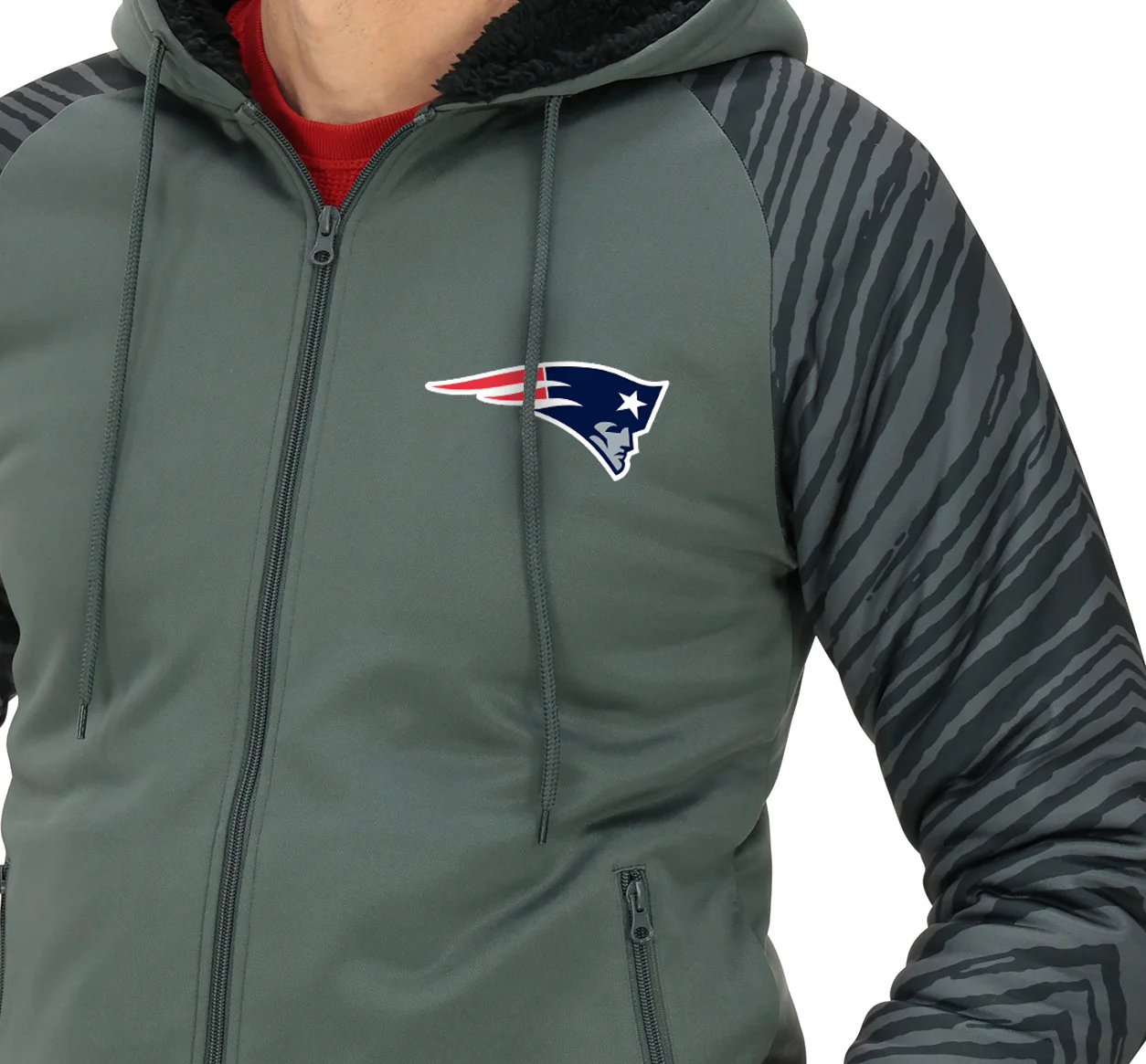 Zubaz NFL Men's Charcoal Tonal Zebra Sherpa Lined Raglan Full Zip Hoodie, NEW ENGLAND PATRIOTS - Image 3
