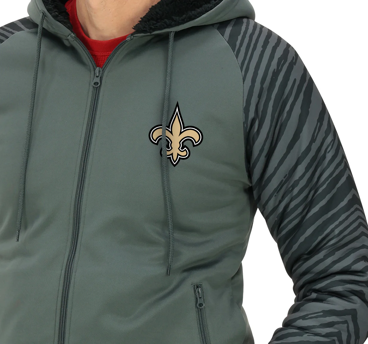 Zubaz NFL Men's Charcoal Tonal Zebra Sherpa Lined Raglan Full Zip Hoodie, NEW ORLEANS SAINTS - Image 3