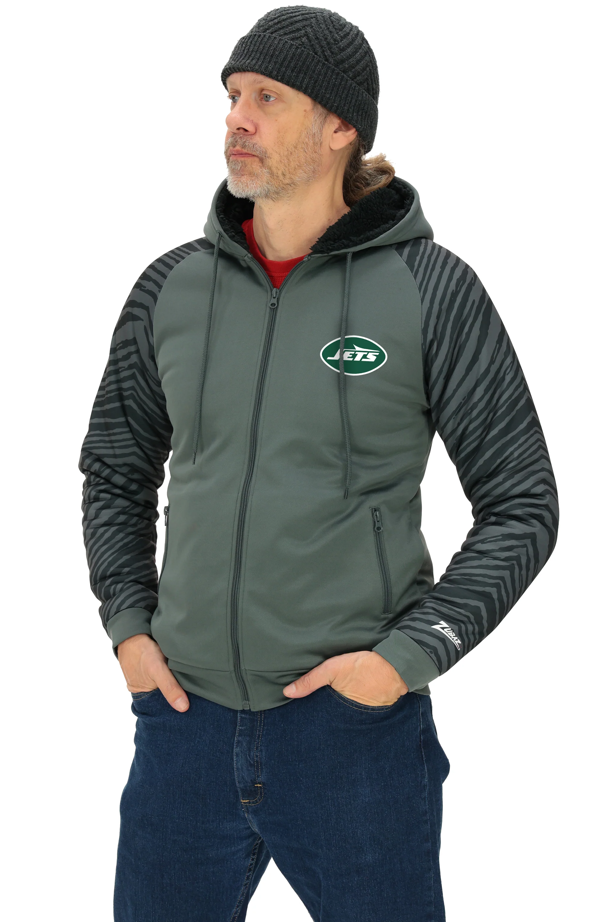 Zubaz NFL Men's Charcoal Tonal Zebra Sherpa Lined Raglan Full Zip Hoodie, NEW YORK JETS - Image 37
