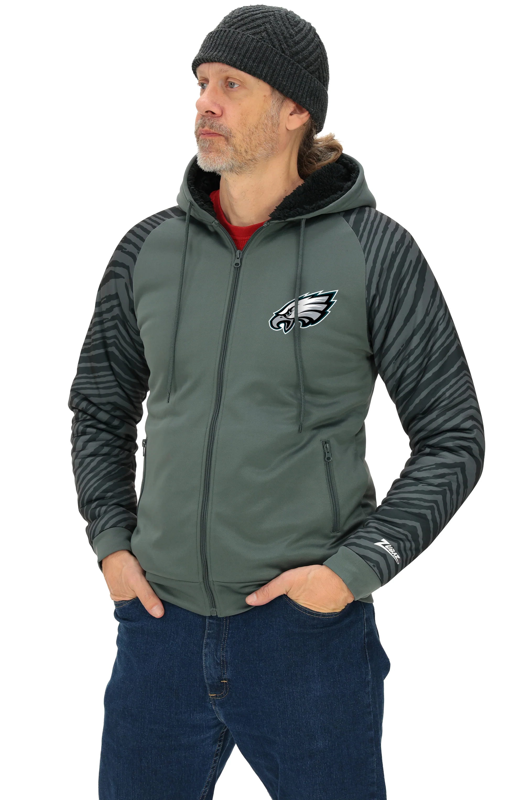 Zubaz NFL Men's Charcoal Tonal Zebra Sherpa Lined Raglan Full Zip Hoodie, PHILADELPHIA EAGLES - Image 31