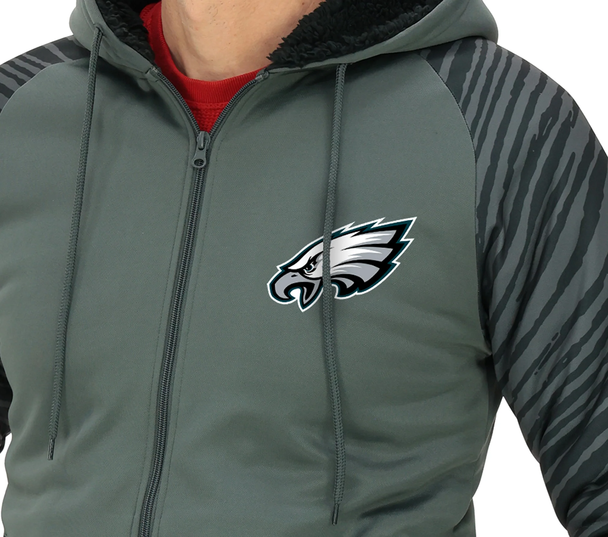 Zubaz NFL Men's Charcoal Tonal Zebra Sherpa Lined Raglan Full Zip Hoodie, PHILADELPHIA EAGLES - Image 44