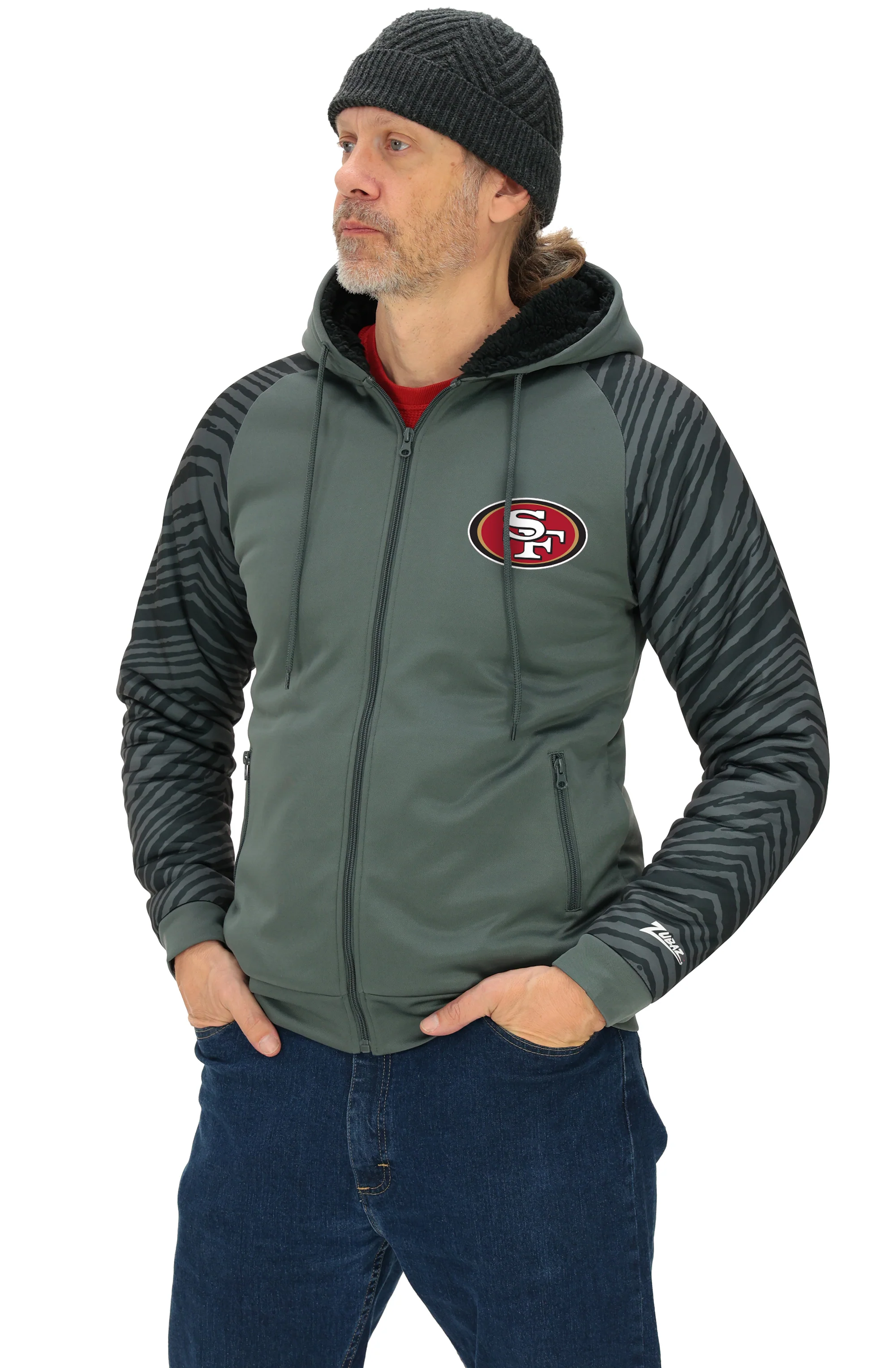 Zubaz NFL Men's Charcoal Tonal Zebra Sherpa Lined Raglan Full Zip Hoodie, SAN FRANCISCO 49ERS - Image 55