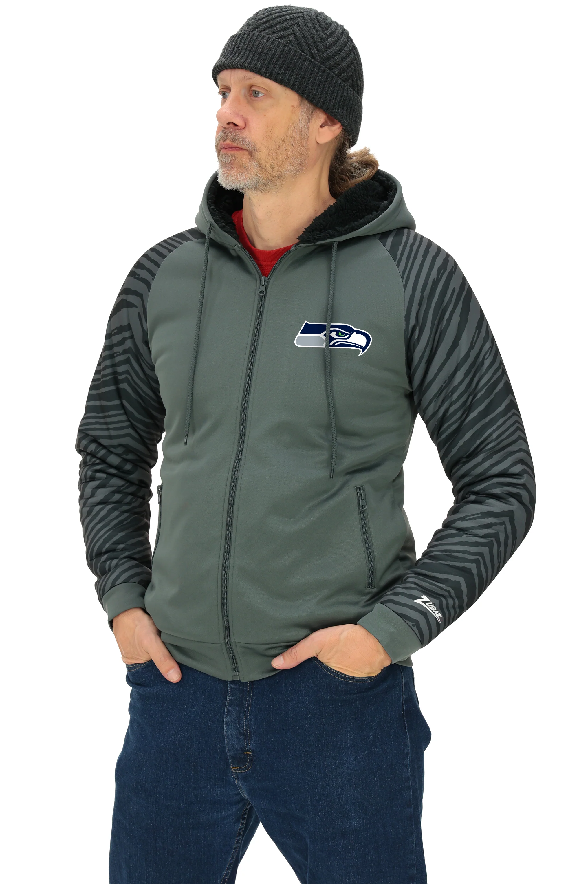 Zubaz NFL Men's Charcoal Tonal Zebra Sherpa Lined Raglan Full Zip Hoodie, SEATTLE SEAHAWKS - Image 31