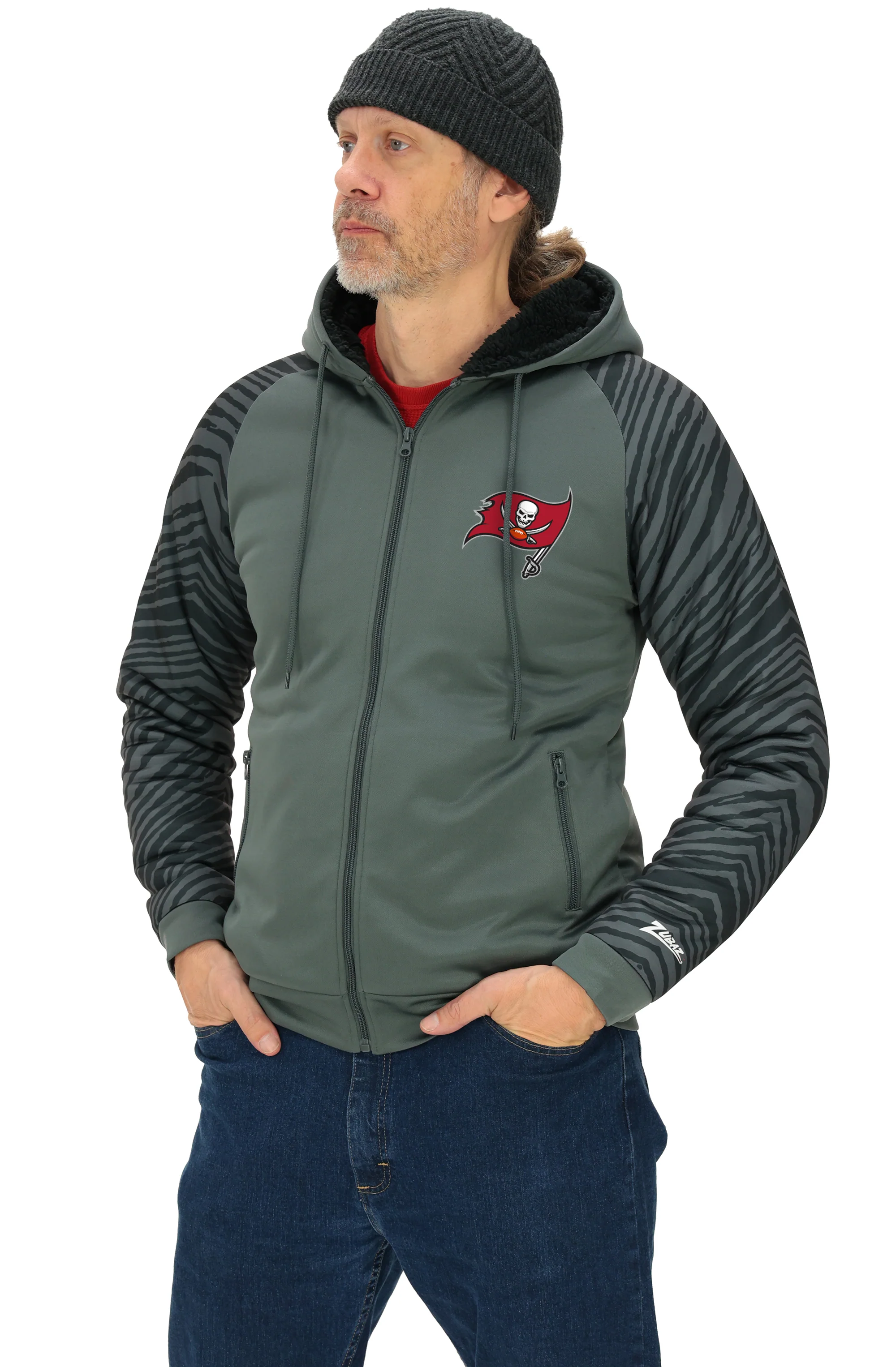 Zubaz NFL Men's Charcoal Tonal Zebra Sherpa Lined Raglan Full Zip Hoodie, TAMPA BAY BUCCANEERS - Image 20