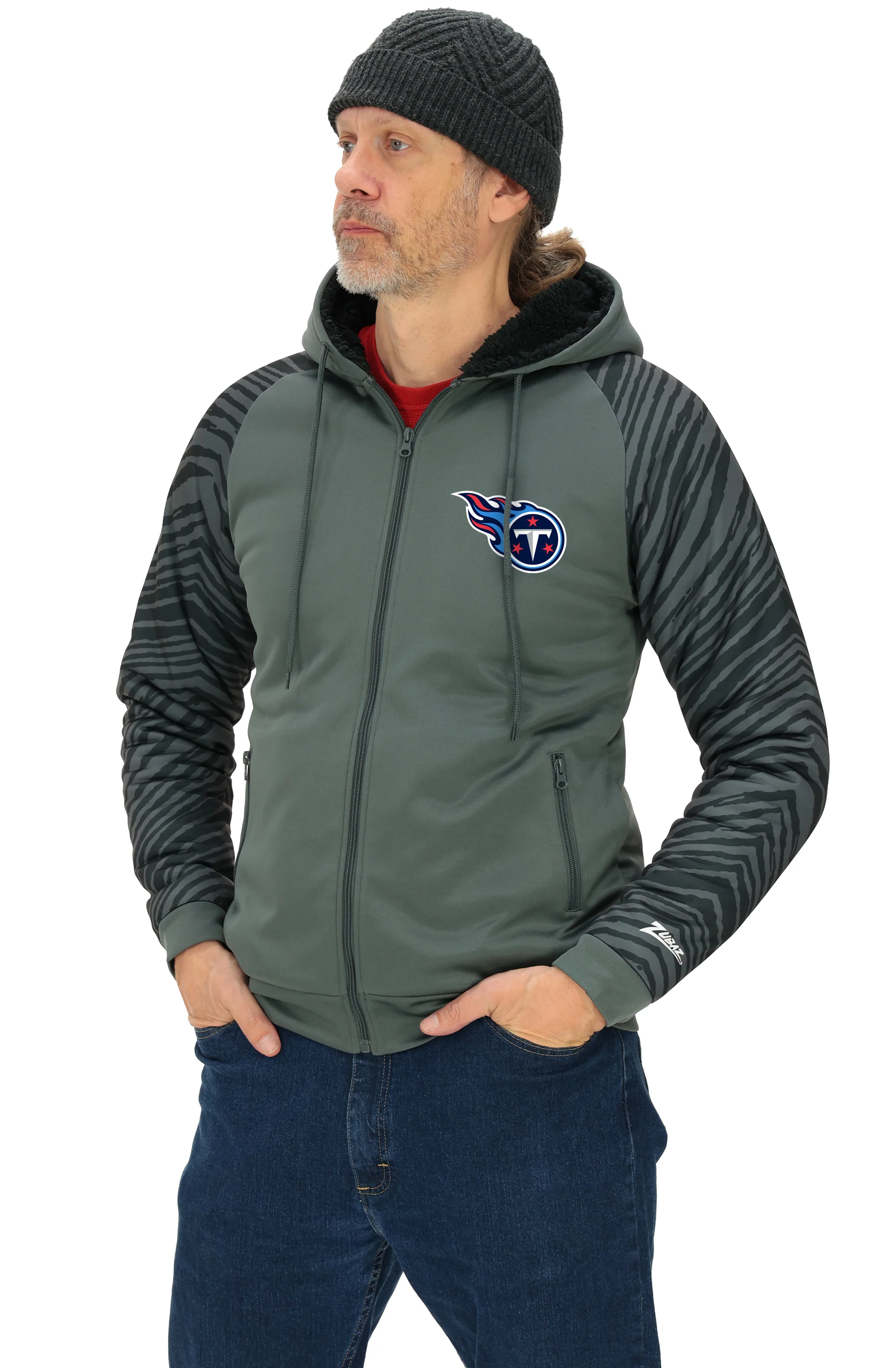 Zubaz NFL Men's Charcoal Tonal Zebra Sherpa Lined Raglan Full Zip Hoodie, TENNESSEE TITANS - Image 49