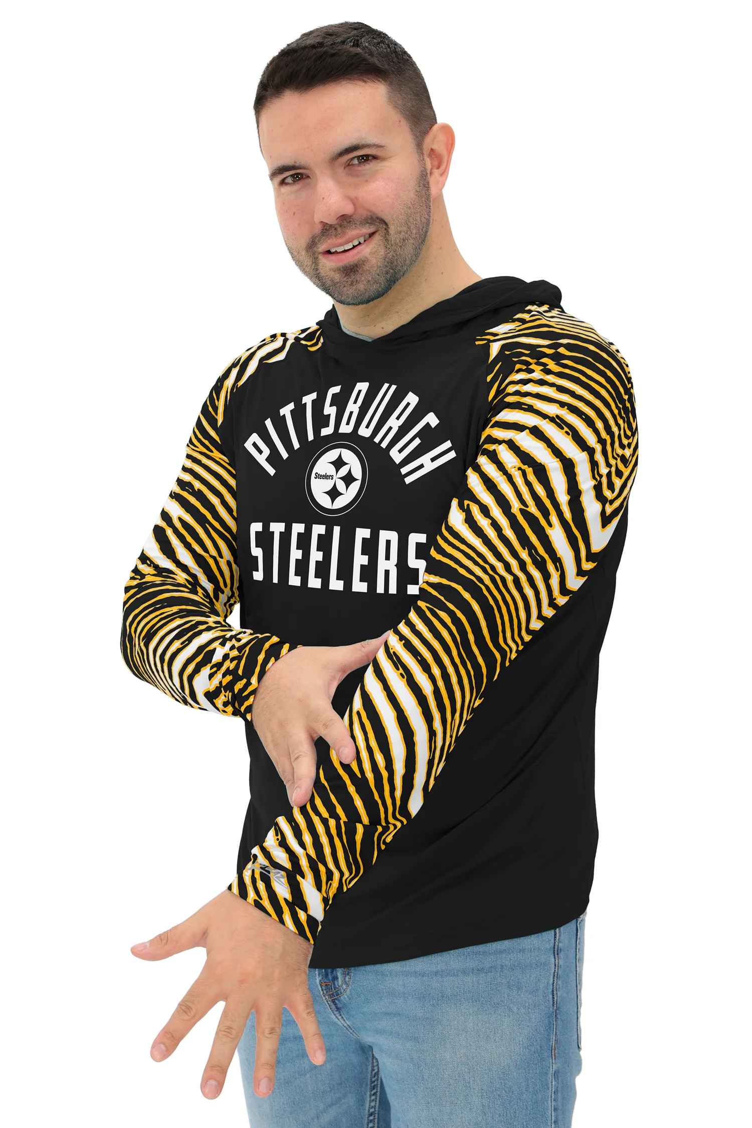 Zubaz NFL Men's Formation 3 Color Zebra Sleeves Lightweight Hoodie, PITTSBURGH STEELERS - Image 34