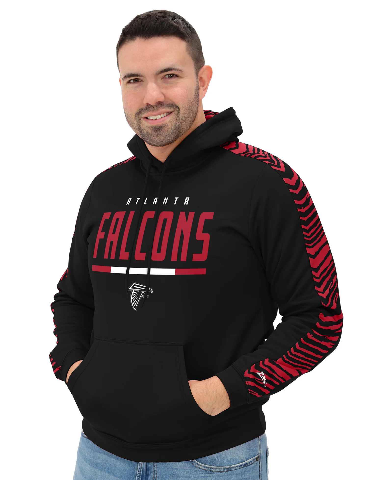 Zubaz NFL Men's Linebacker 2 Color Zebra Sleeve Panel Hoodie, ATLANTA FALCONS