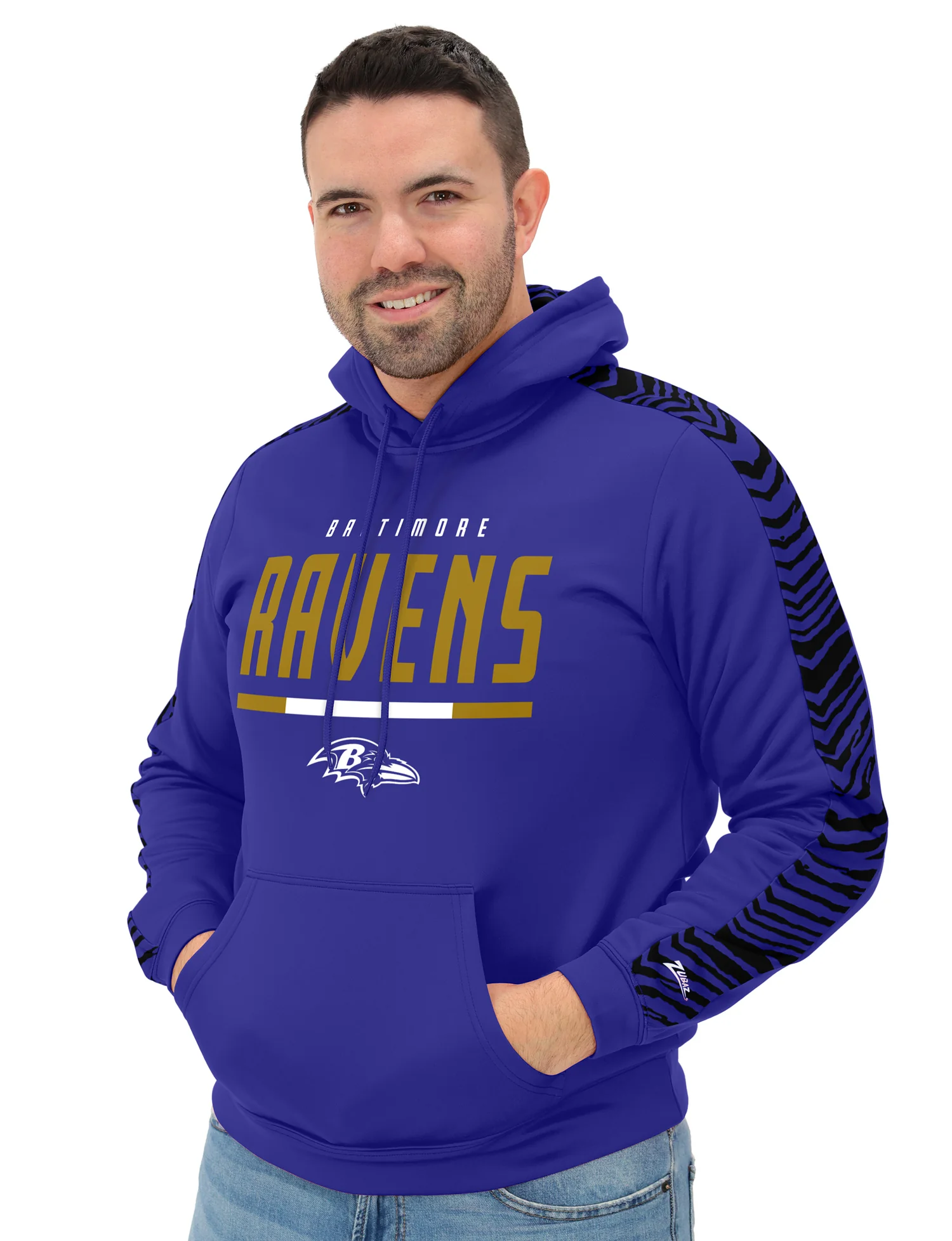 Zubaz NFL   Men's Linebacker 2 Color Zebra Sleeve Panel Hoodie, BALTIMORE RAVENS