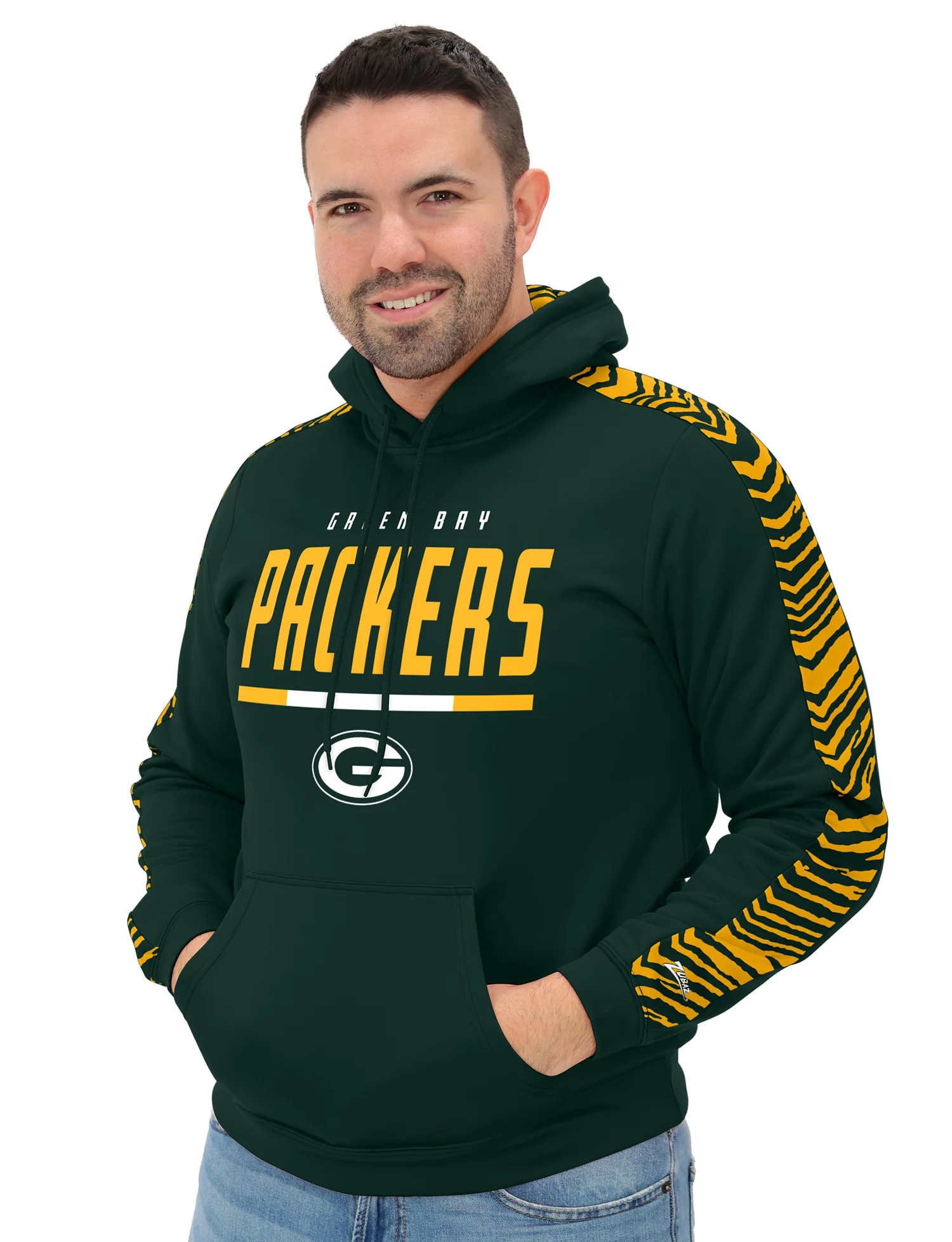 Zubaz NFL Men's Linebacker 2 Color Zebra Sleeve Panel Hoodie, GREEN BAY PACKERS
