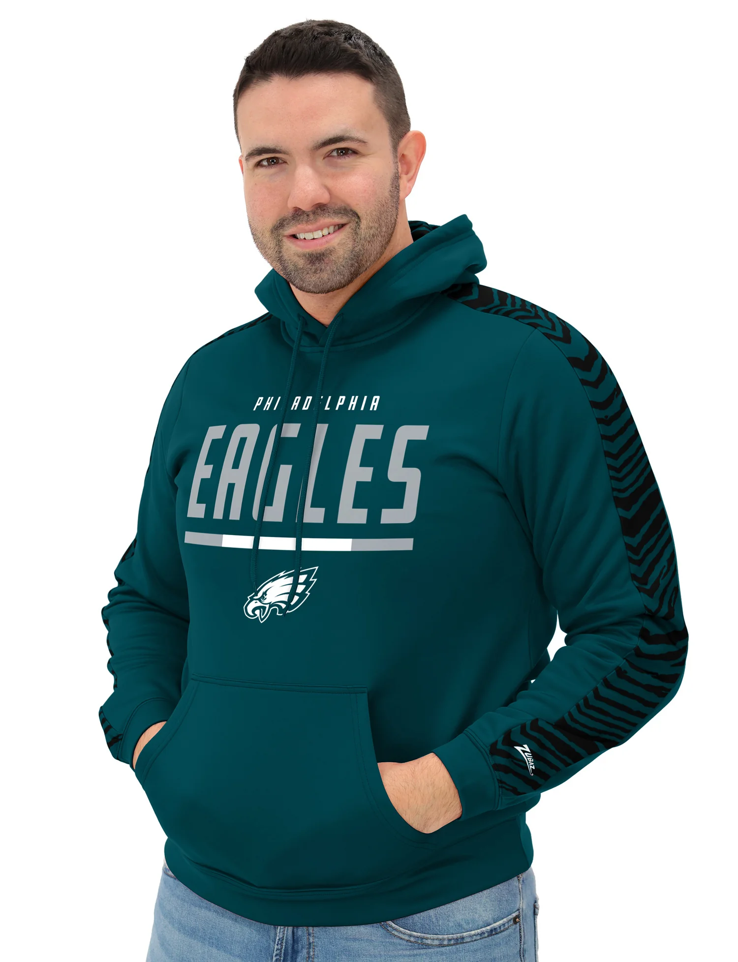 Zubaz NFL Men's Linebacker 2 Color Zebra Sleeve Panel Hoodie, PHILADELPHIA EAGLES - Image 9