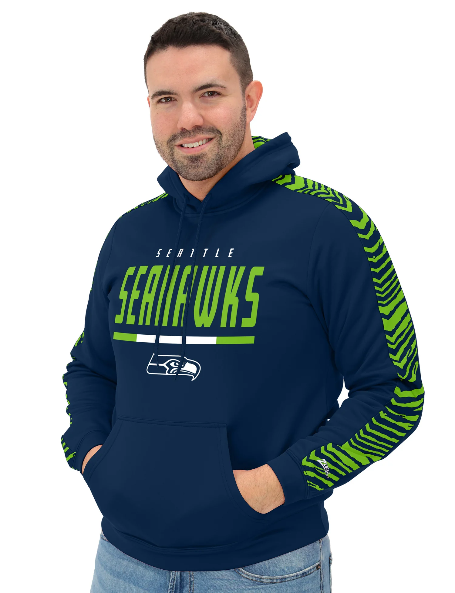 Zubaz NFL Men's Linebacker 2 Color Zebra Sleeve Panel Hoodie, SEATTLE SEAHAWKS - Image 11