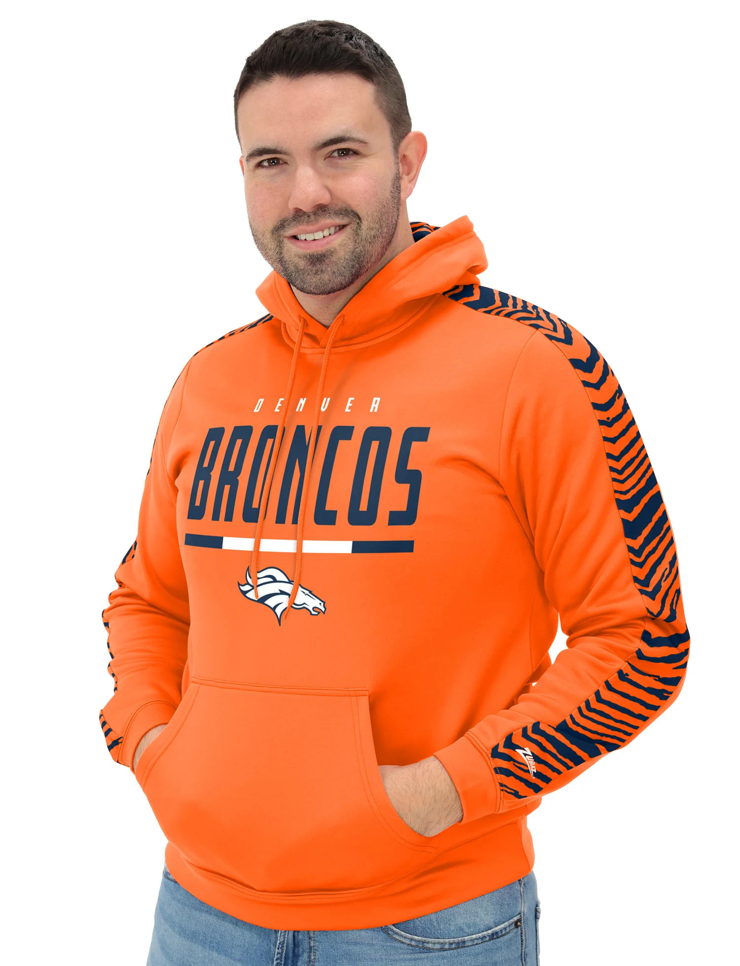 Zubaz NFL Men's Linebacker Alternate Color 2 Color Zebra Sleeve Panel Hoodie, DENVER BRONCOS