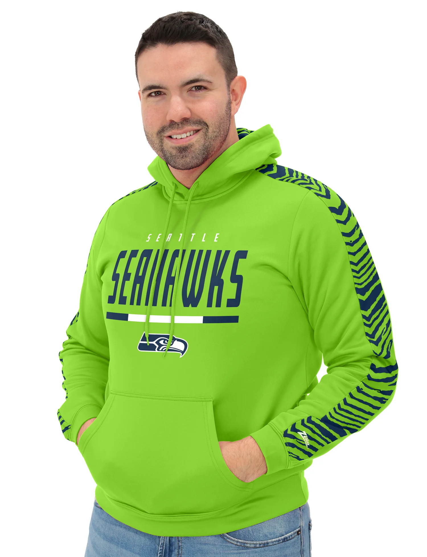 Zubaz NFL Men's Linebacker Alternate Color 2 Color Zebra Sleeve Panel Hoodie, SEATTLE SEAHAWKS - Image 4