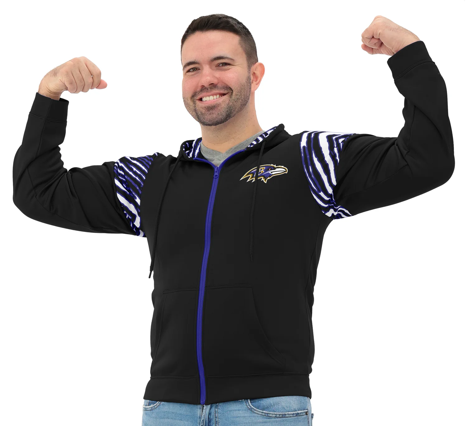 Zubaz NFL Men's Play Action 3 Color Zebra Bands and Hood Line Full Zip Hoodie, BALTIMORE RAVENS - Image 7