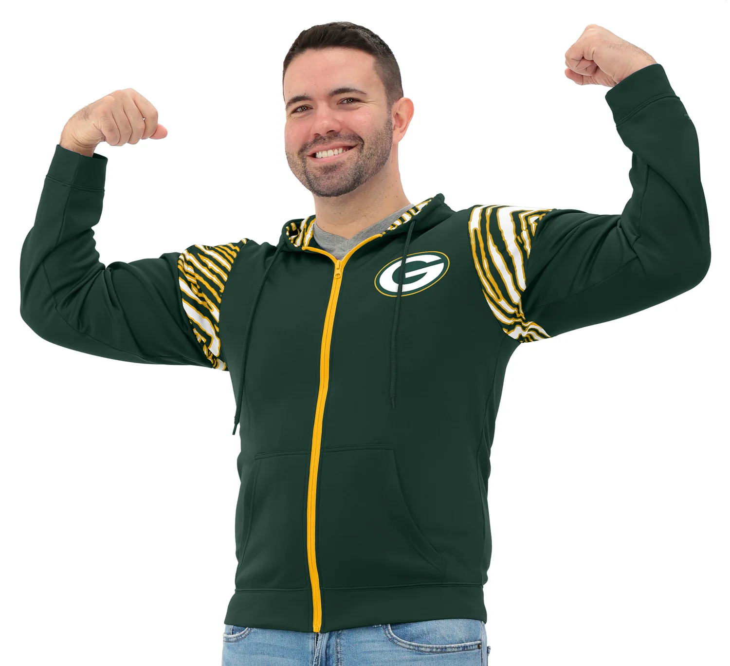 Zubaz NFL Men's Play Action 3 Color Zebra Bands and Hood Line Full Zip Hoodie, GREEN BAY PACKERS - Image 13