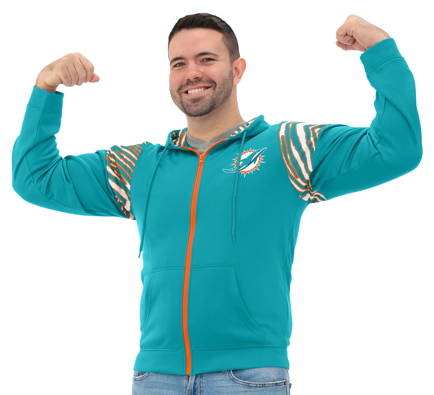 Zubaz NFL Men's Play Action 3 Color Zebra Bands and Hood Line Full Zip Hoodie, MIAMI DOLPHINS - Image 2