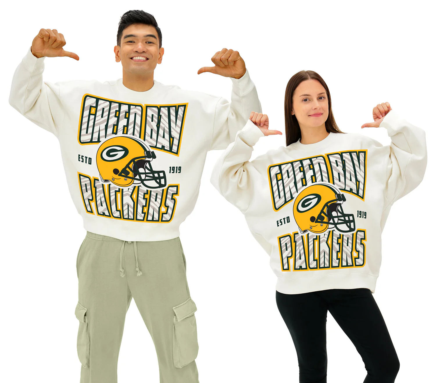 Zubaz NFL UNISEX 90s Helmet Drop Shoulder Crewneck -Off White, GREEN BAY PACKERS