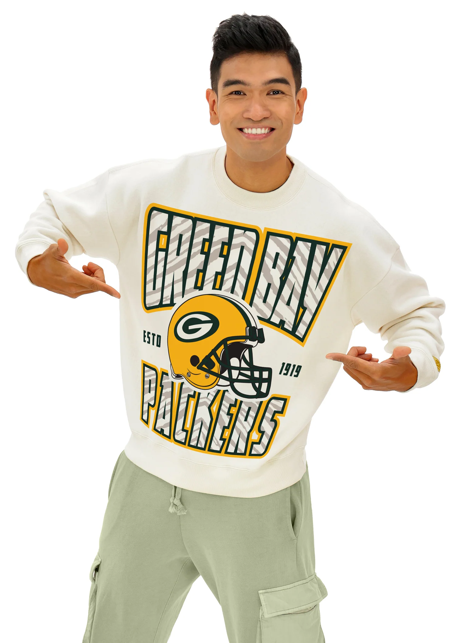 Zubaz NFL UNISEX 90s Helmet Drop Shoulder Crewneck -Off White, GREEN BAY PACKERS - Image 2