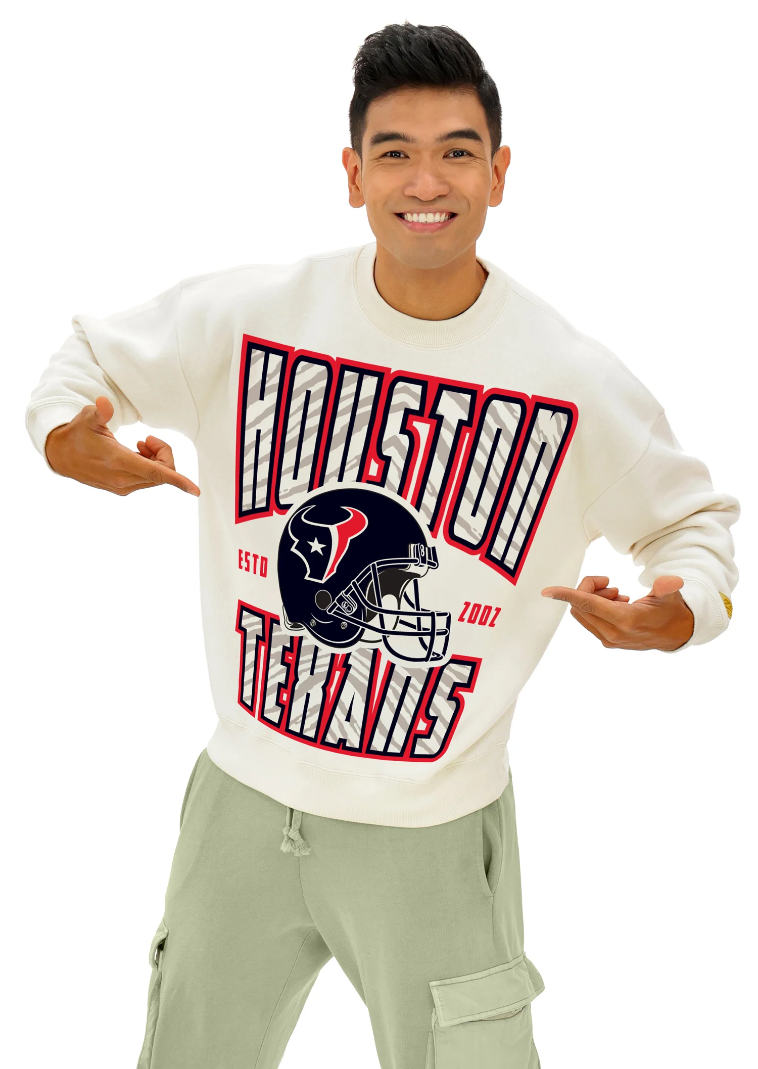 Zubaz NFL  UNISEX 90s Helmet Drop Shoulder Crewneck -Off White, HOUSTON TEXANS - Image 2