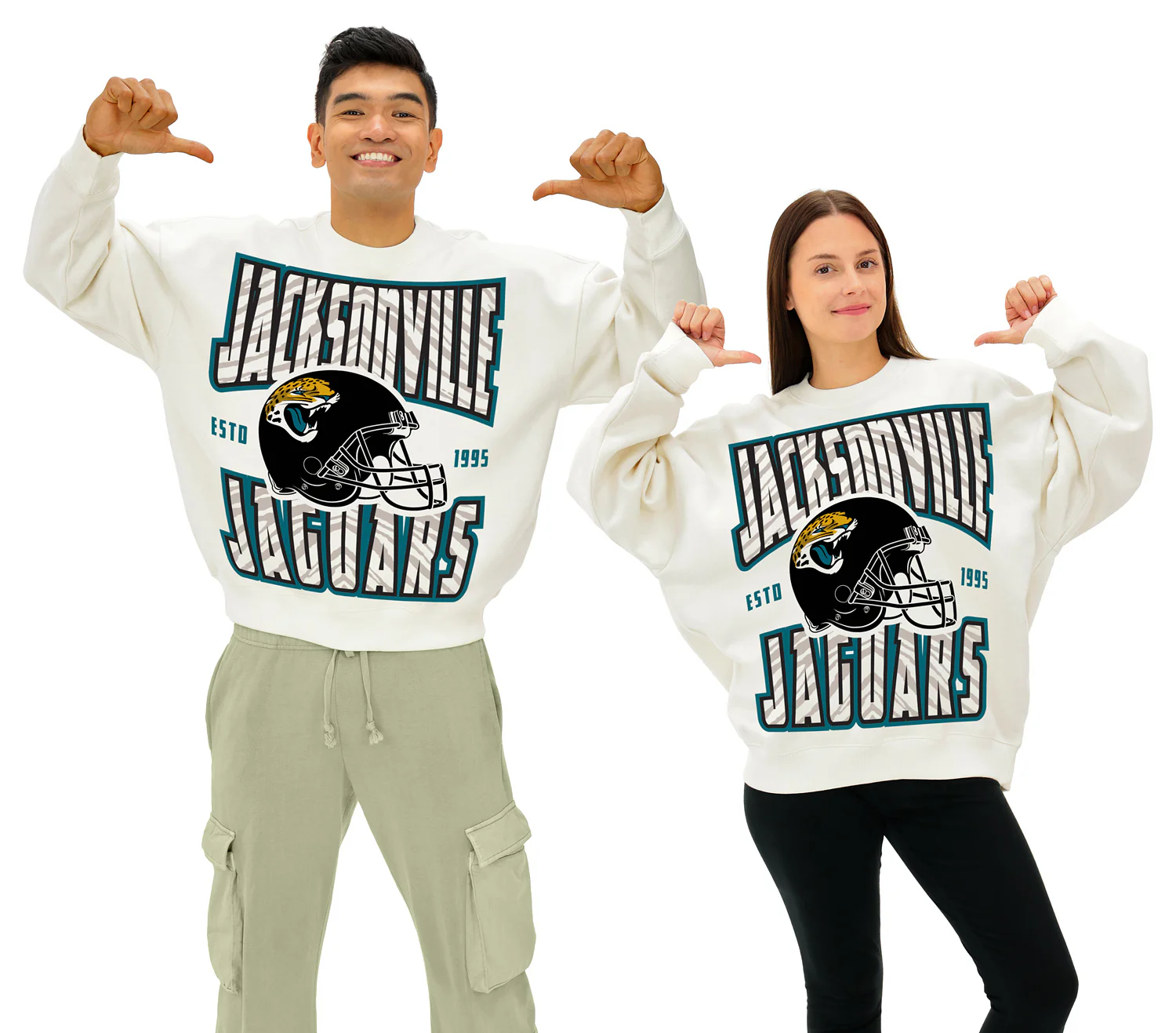 Zubaz NFL UNISEX 90s Helmet Drop Shoulder Crewneck -Off White, JACKSONVILLE JAGUARS