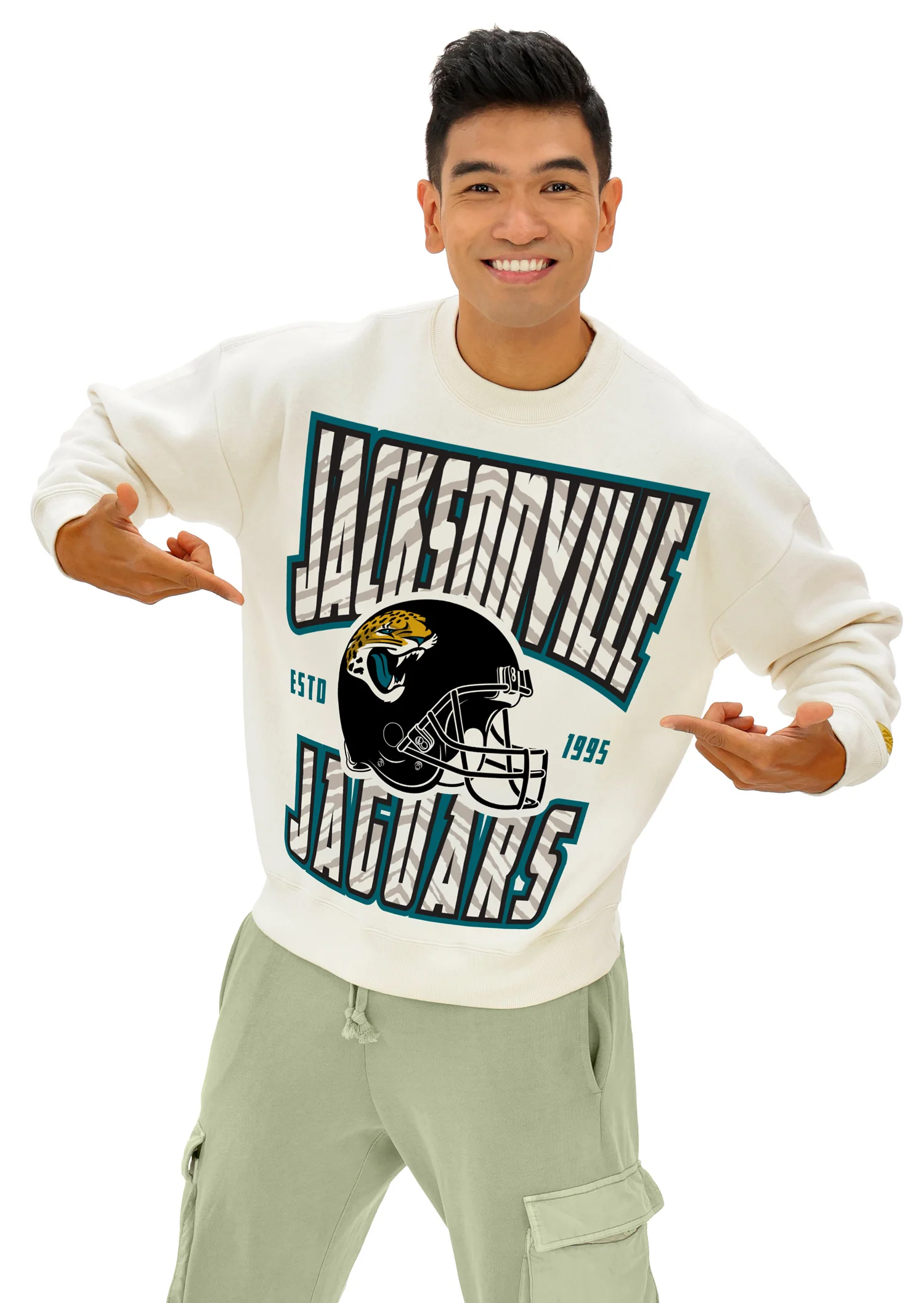 Zubaz NFL UNISEX 90s Helmet Drop Shoulder Crewneck -Off White, JACKSONVILLE JAGUARS - Image 2