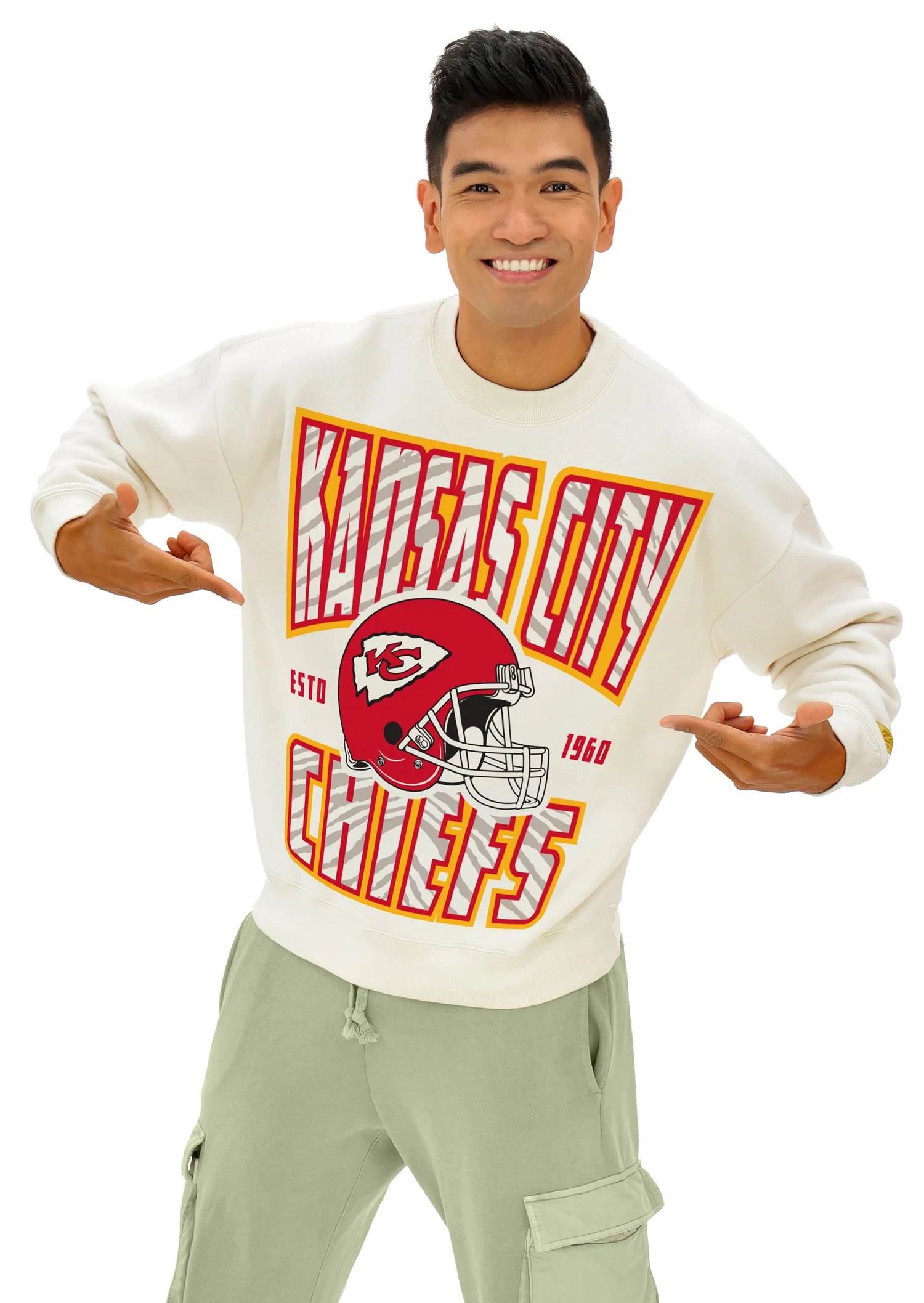 Zubaz NFL UNISEX 90s Helmet Drop Shoulder Crewneck -Off White, KANSAS CITY CHIEFS - Image 2