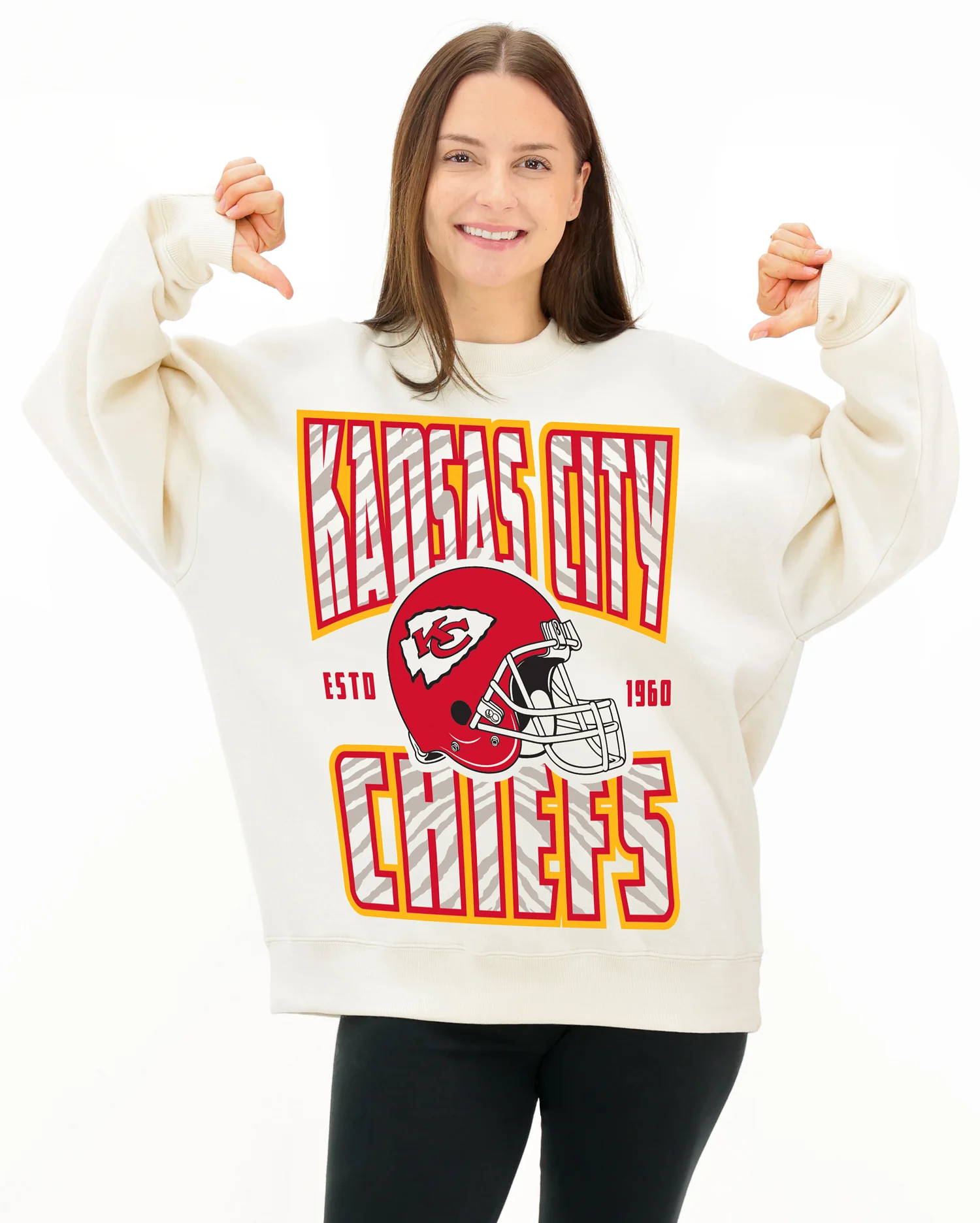 Zubaz NFL UNISEX 90s Helmet Drop Shoulder Crewneck -Off White, KANSAS CITY CHIEFS - Image 3