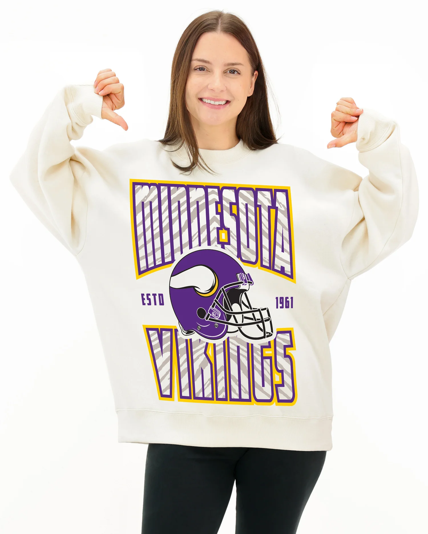 Zubaz NFL  UNISEX 90s Helmet Drop Shoulder Crewneck -Off White, MINNESOTA VIKINGS - Image 3